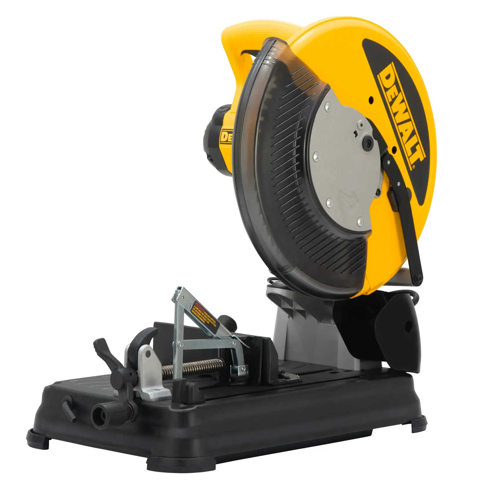 Sierra para cortar metal DEWALT DW872 amarilla y negra con protector, base y prensa.