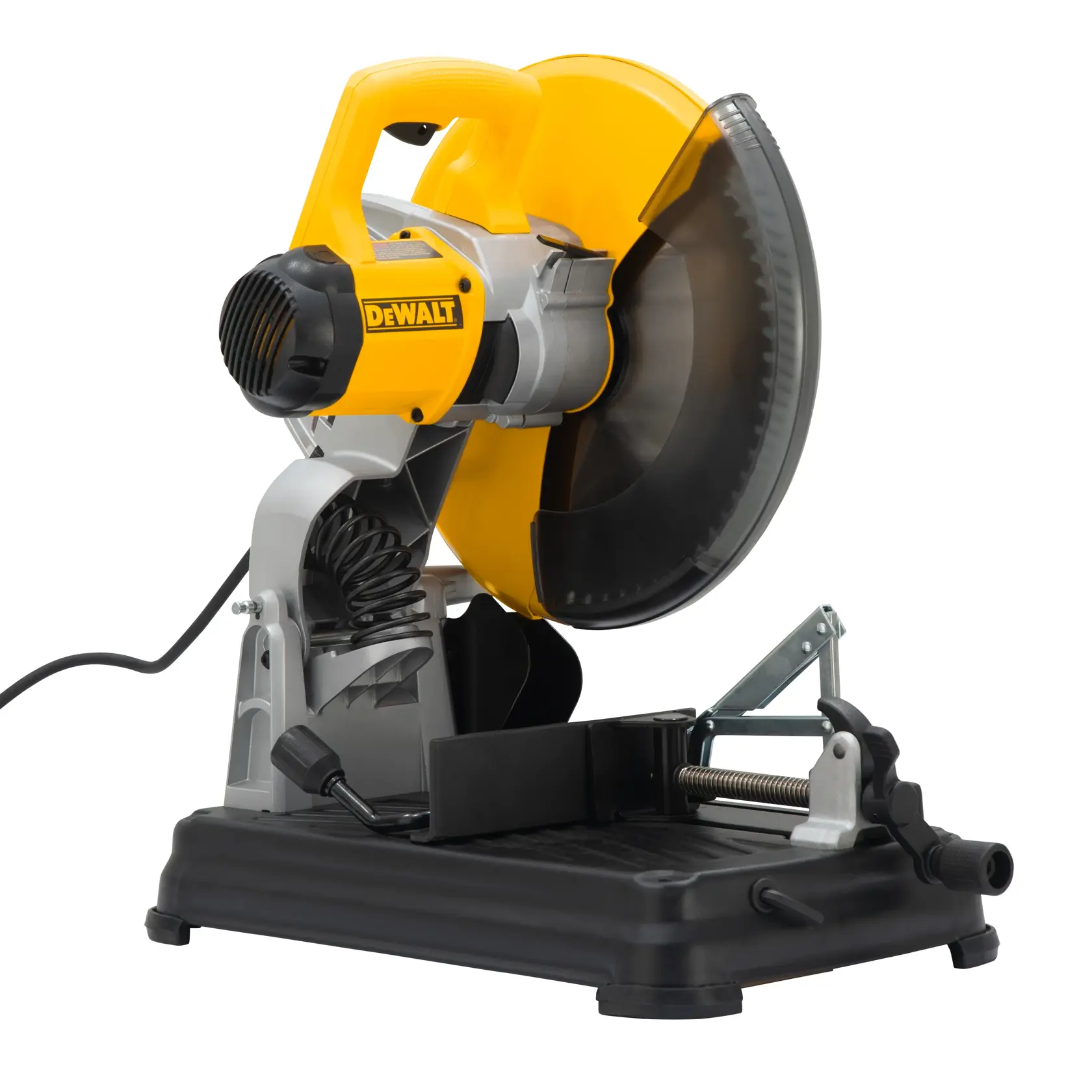 Una sierra de corte de metal DEWALT DW872 con diseño amarillo y negro, que presenta una gran hoja circular y una base robusta.