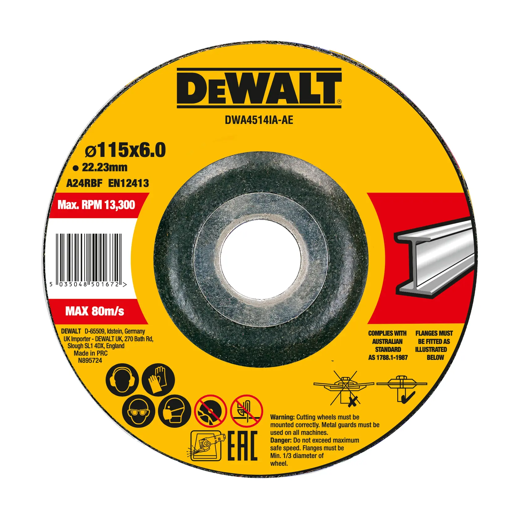 DEWALT metal cutting disc, photography category, SKUs DWA4514IA-AE, DWA4514IA, yellow and black design.