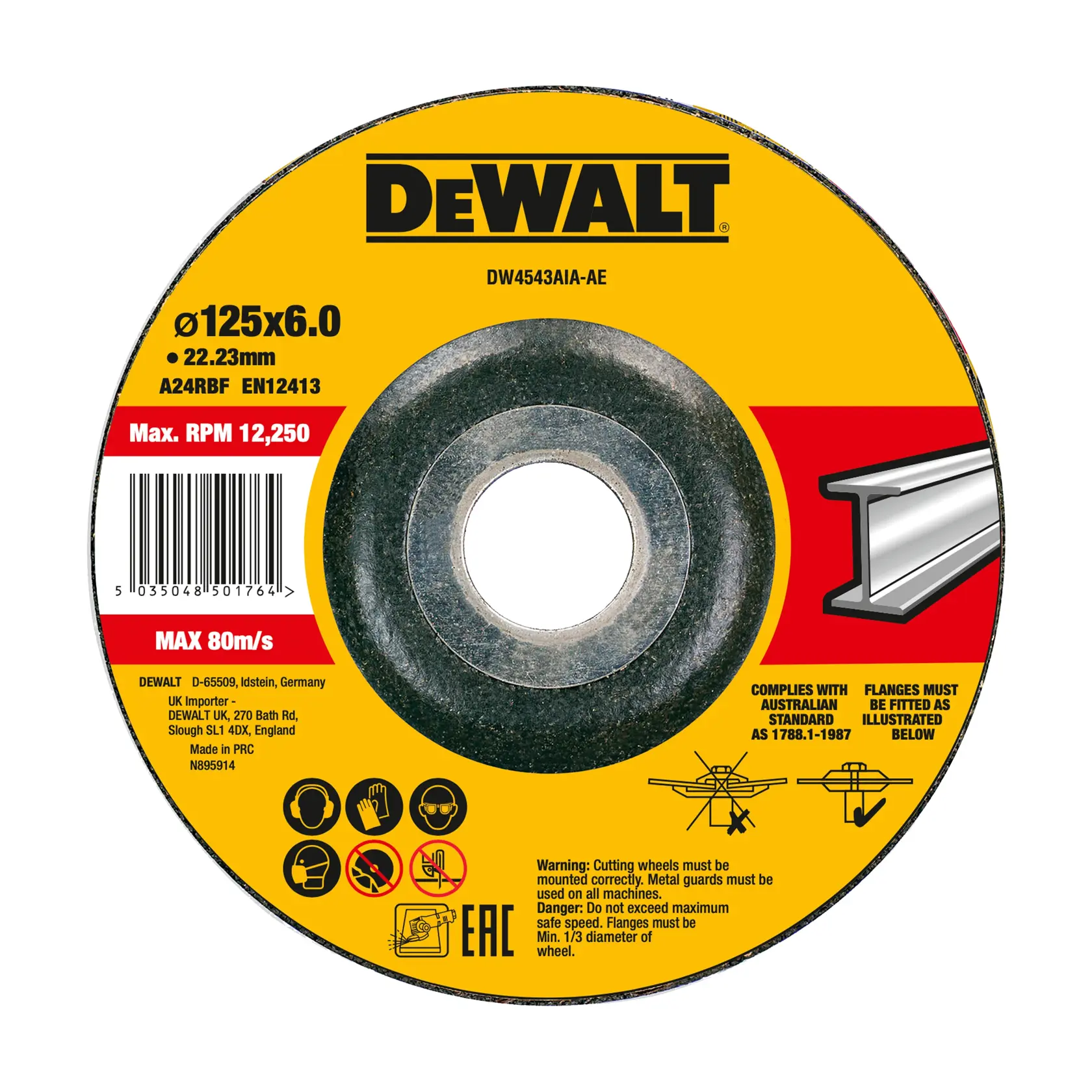 DEWALT Trennscheibe, Fotografie, SKUs DWA4514SIA-AE, DWA4514SIA, gelbes Etikett, runde Form.