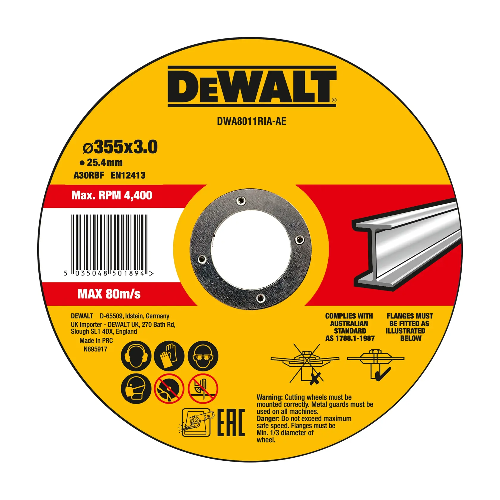 DEWALT cutting wheel DWA8011RIA-AE and DWA8012RIA for metal, 355x3mm, with safety icons and product info.