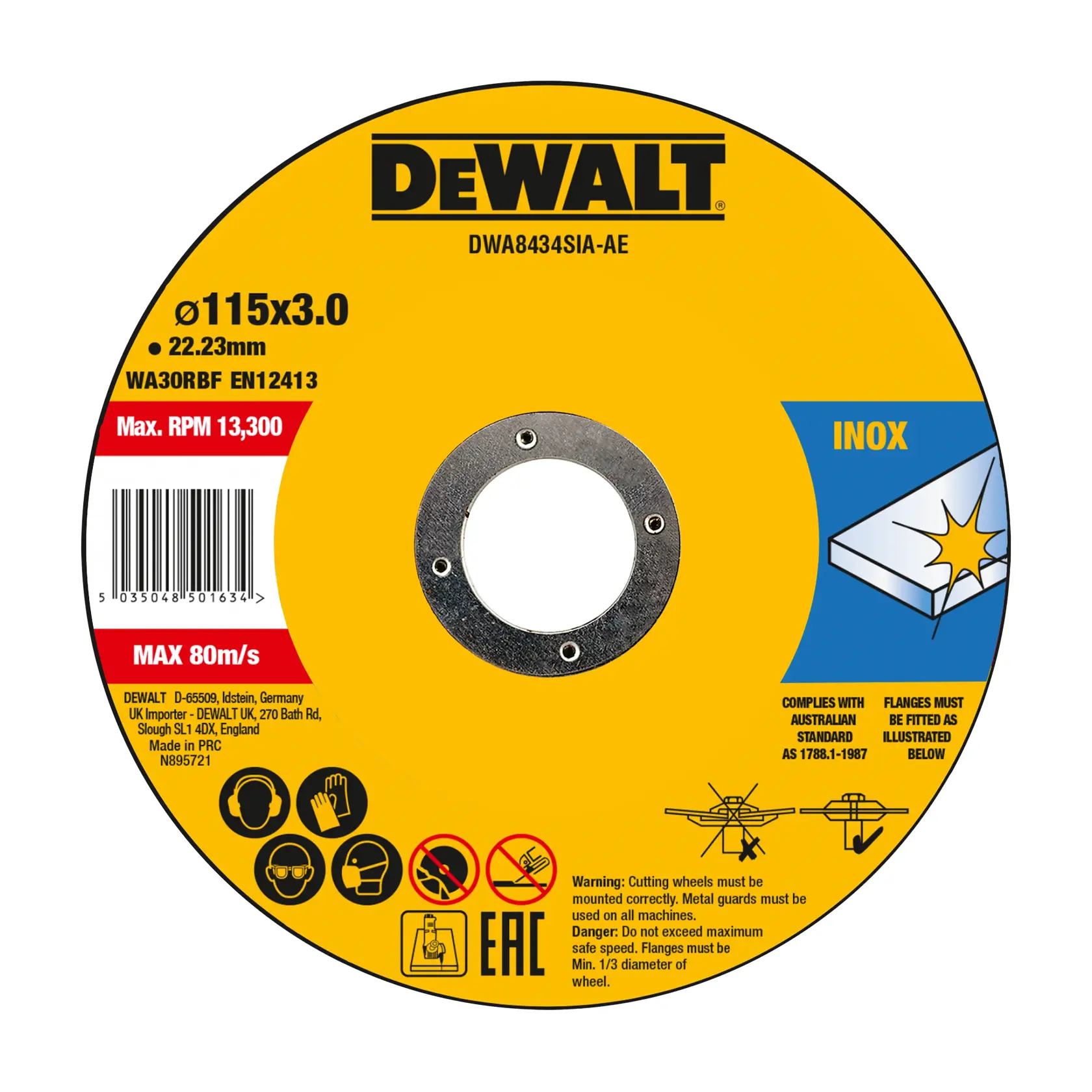 DEWALT Fotografie DWA8434SIA-AE, DWA8434SIA Trennscheibe 115x3,0 mm, gelbes Design für Inox.