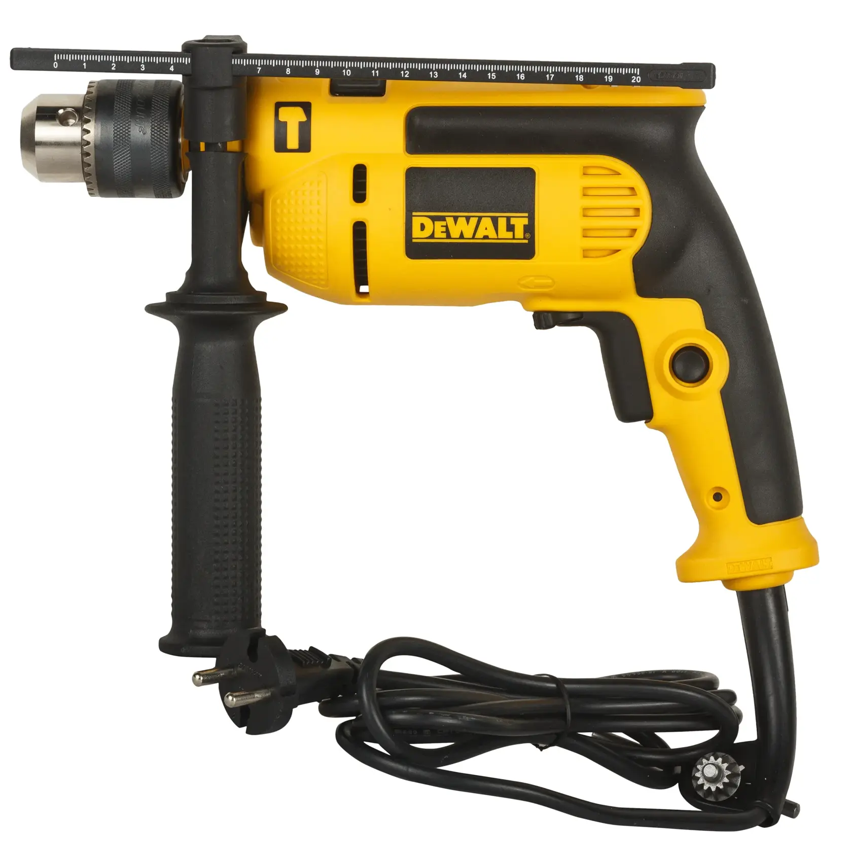 DEWALT wired drill, model DWD024-QS/DWD024, black and yellow, photography category, side view.