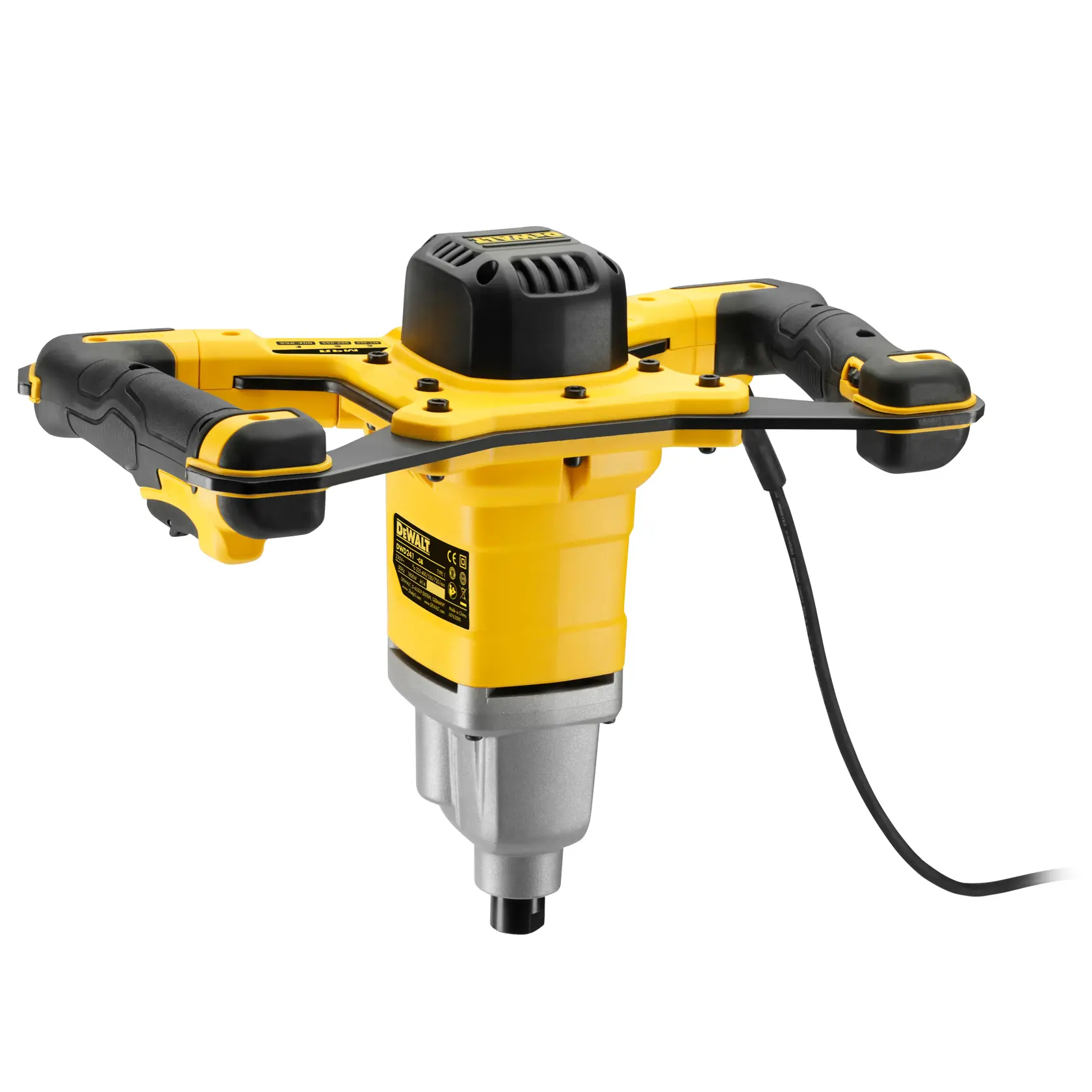 Taladro mezclador DEWALT DWD241 amarillo con cable y doble empuñadura, mostrado sobre fondo blanco.