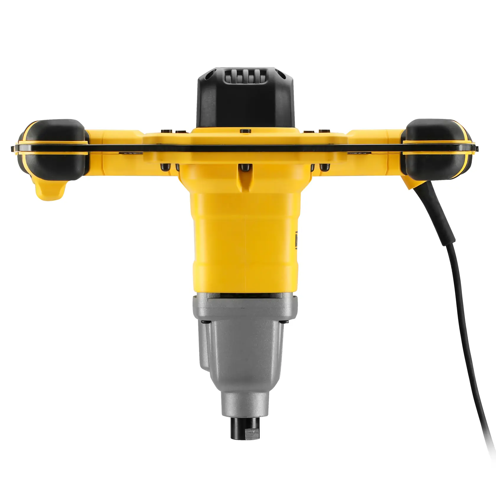 DEWALT DWD241 mezcladora eléctrica amarilla con dos asas y cable, vista frontal sobre fondo blanco.