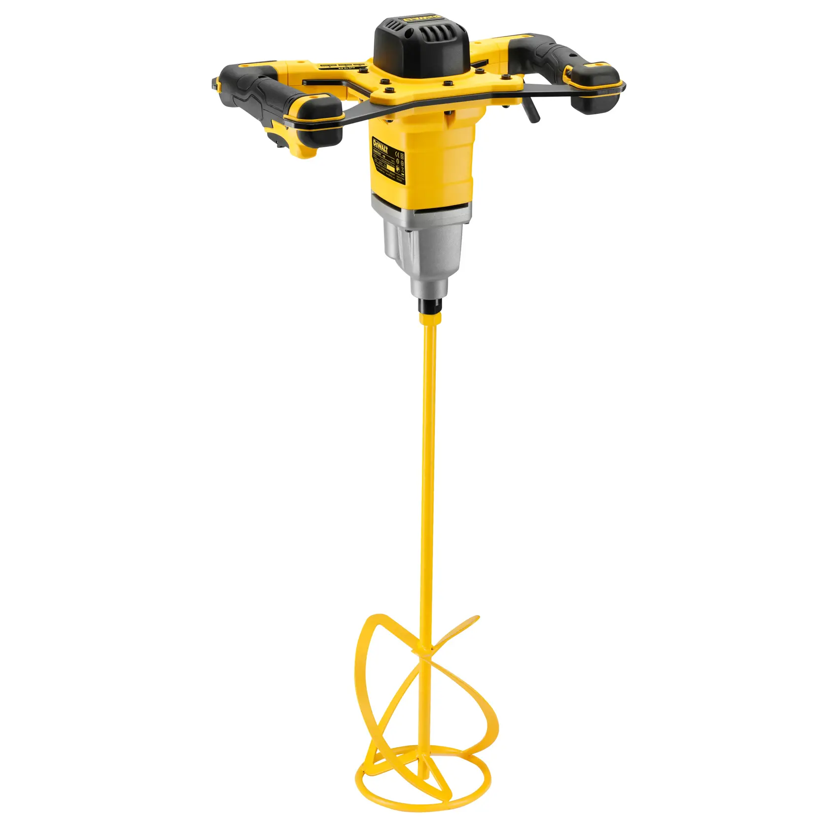 Mezcladora eléctrica DEWALT DWD241 con doble mango y varilla espiral larga sobre fondo blanco.