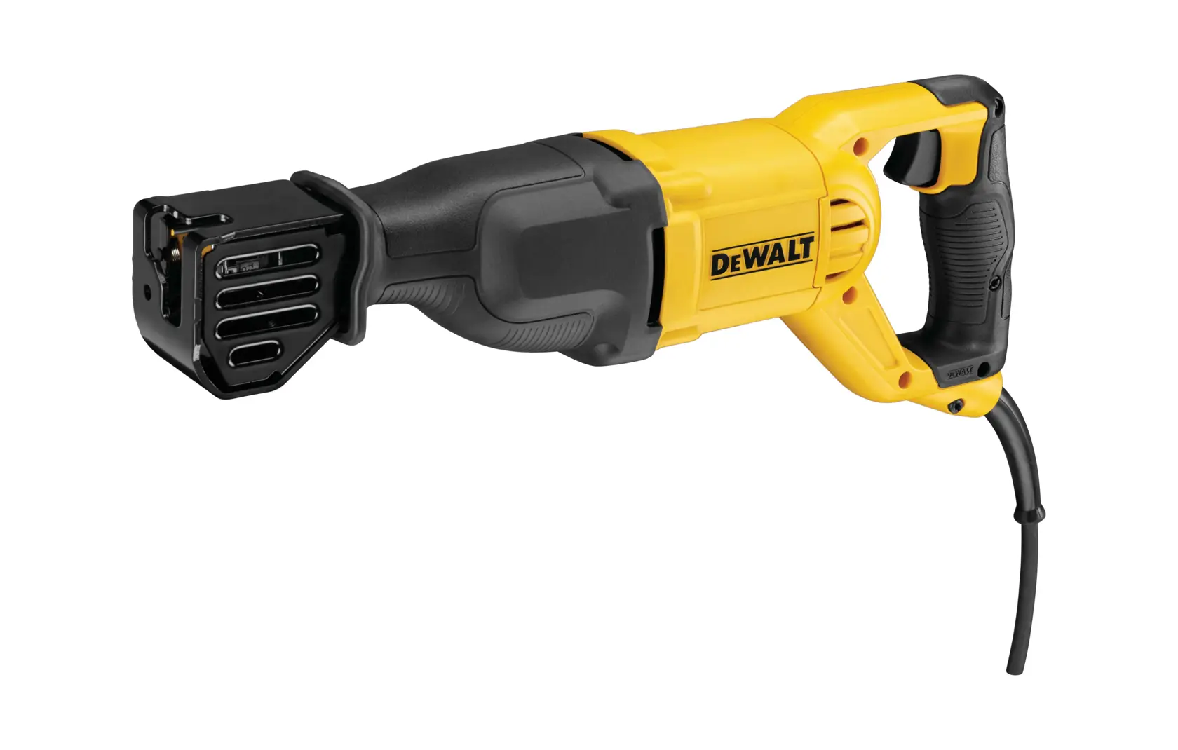 Una sierra recíproca con cable, amarilla y negra, de la marca DEWALT, modelo DWE305PK, mostrada sobre un fondo blanco.