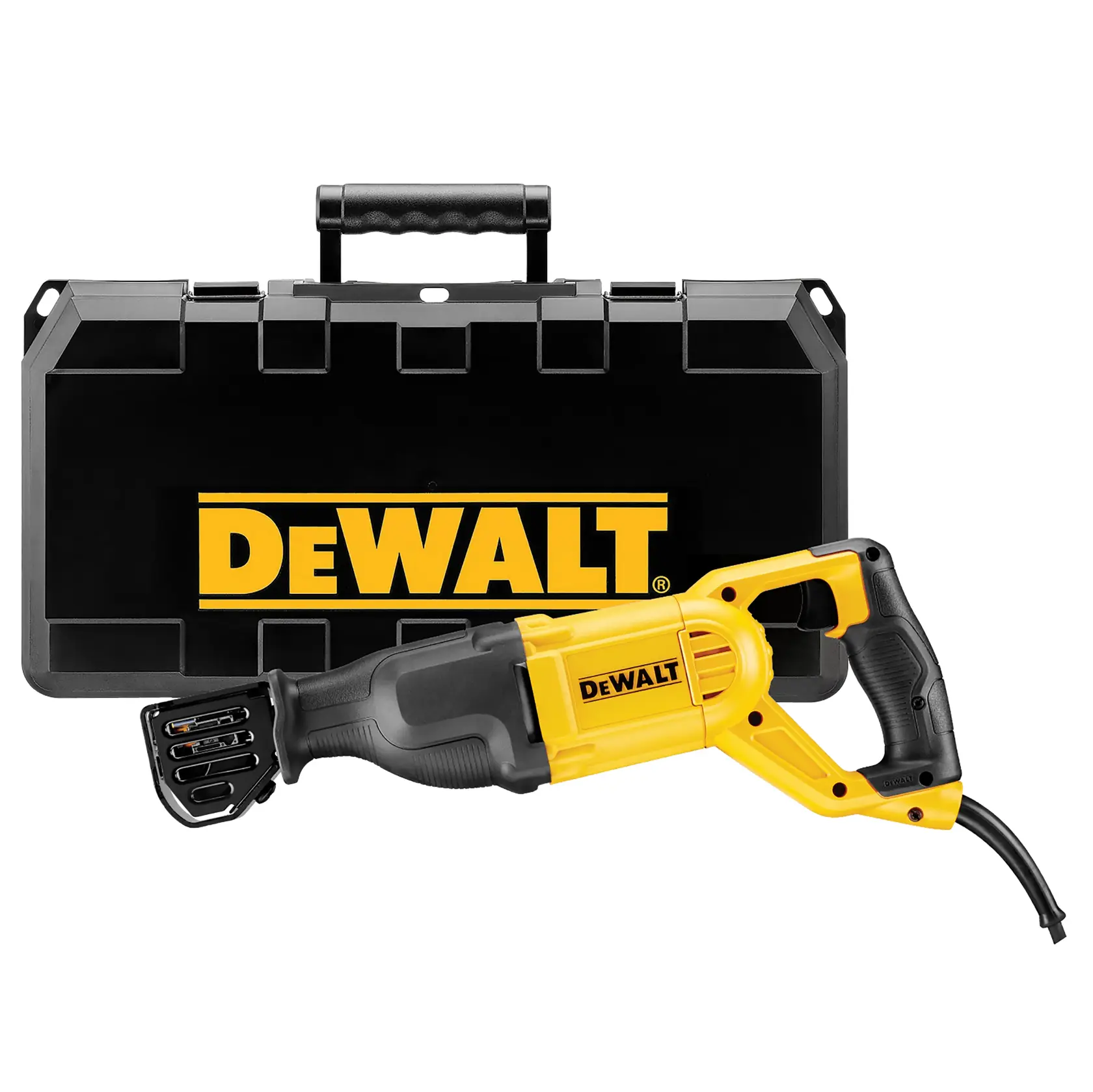 Sierra recíproca DEWALT con estuche rígido negro y amarillo sobre fondo blanco.