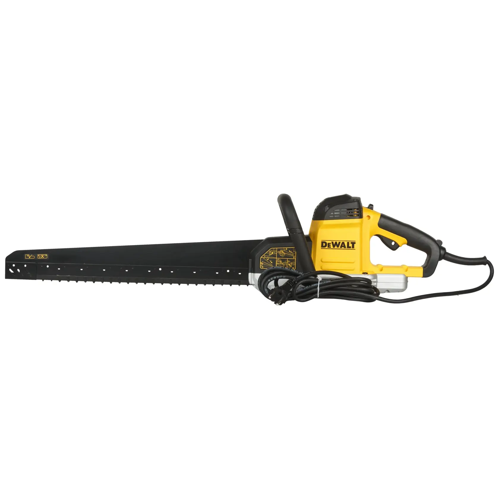 DEWALT DWE397-QS Elektrosäge mit langem schwarzem Sägeblatt und gelbem Griff vor weißem Hintergrund.