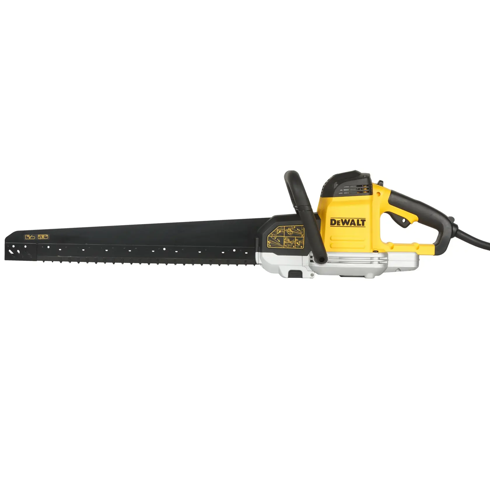 DEWALT DWE397-QS Elektrosäge mit langem Blatt und gelbem Griff, geeignet für Baumaterialien.