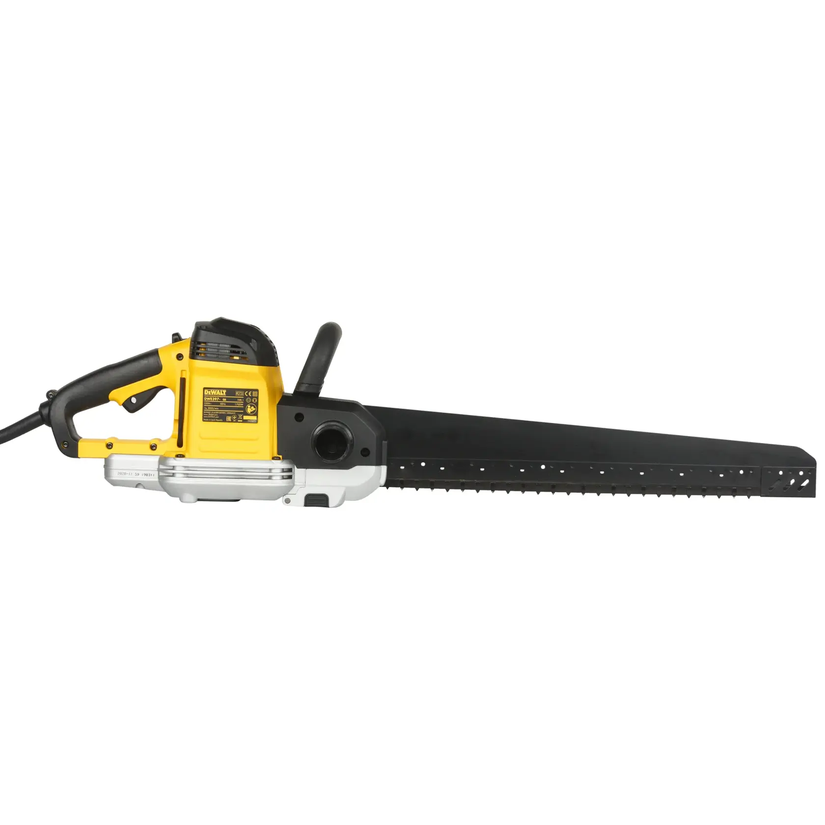 Elektrische DEWALT-Steinsäge mit langer schwarzer Klinge, gelbem Griff und seitlichem Griff für Mauerwerk.