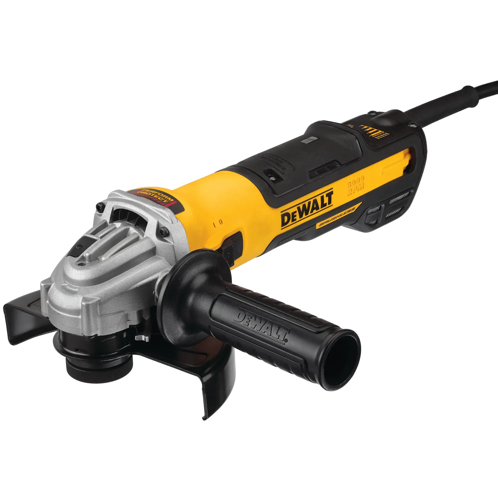 Photo of DEWALT DWE4347 angle grinder, black and yellow, with side handle, product on white background.