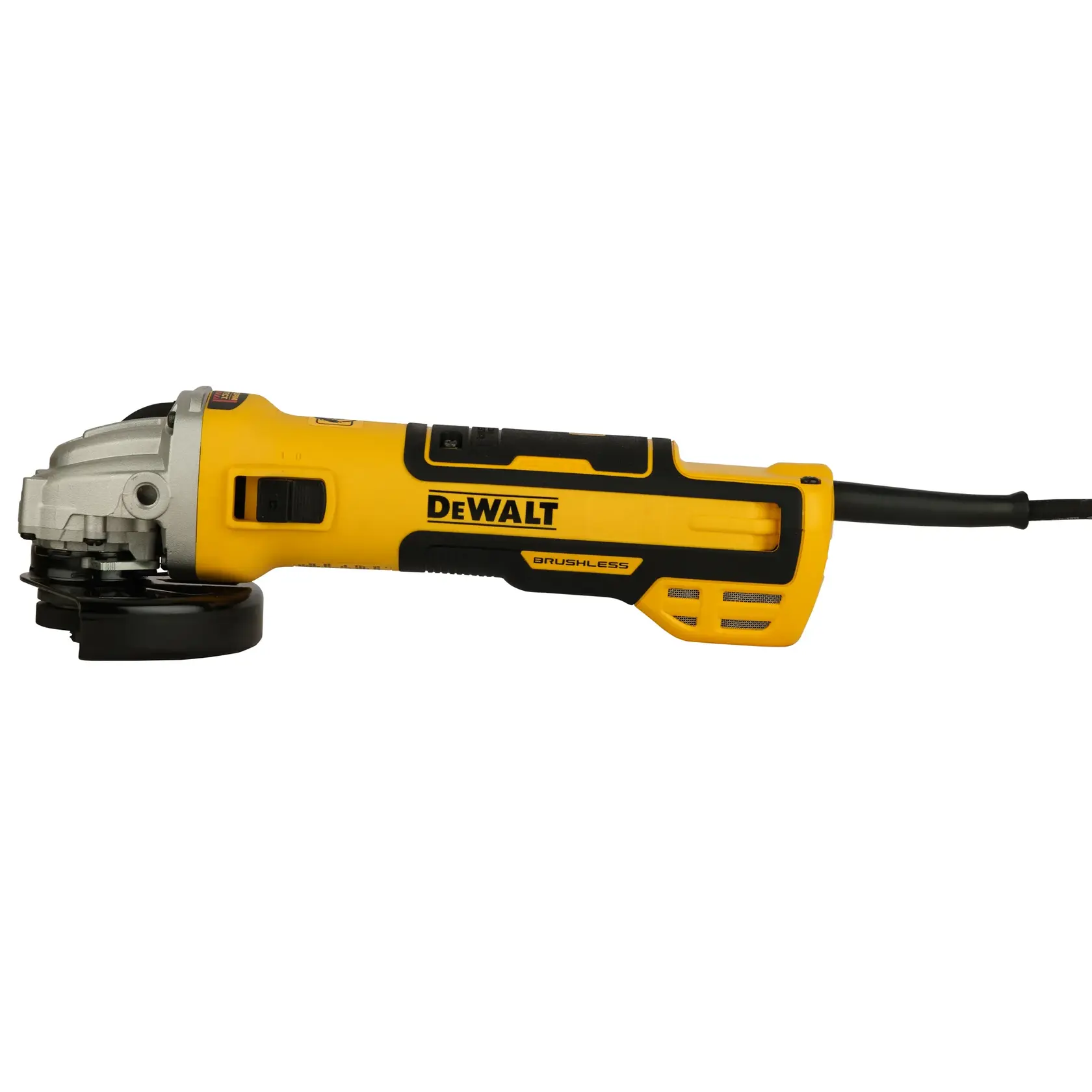 Photo of DEWALT DWE4347 yellow brushless angle grinder, side view, power tool category.