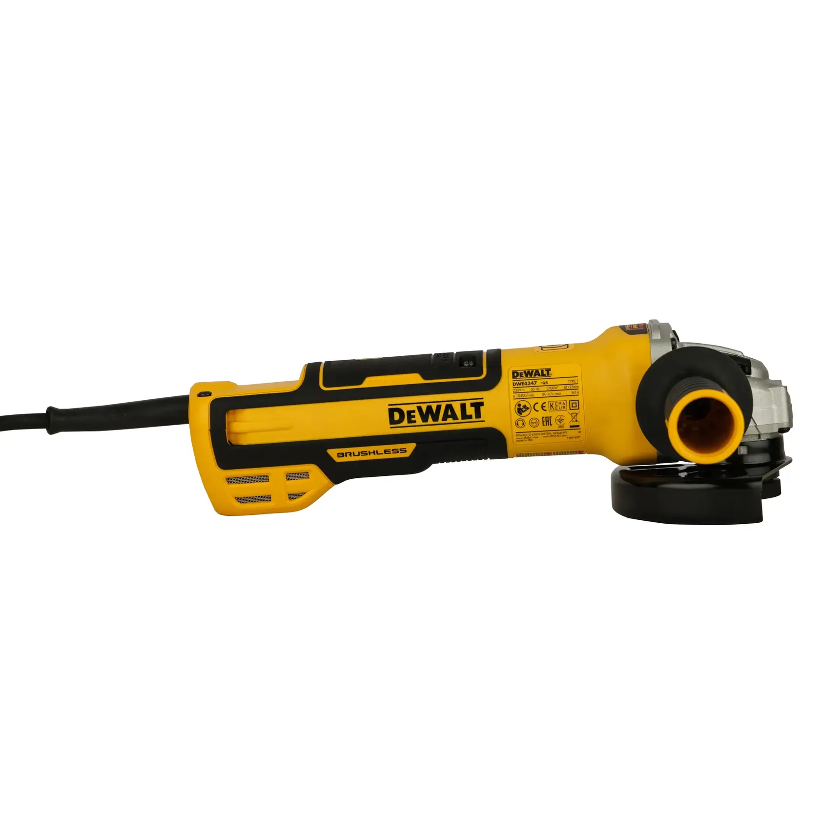 Photo of DEWALT DWE4347 yellow and black angle grinder, side view, brushless model, with power cord.