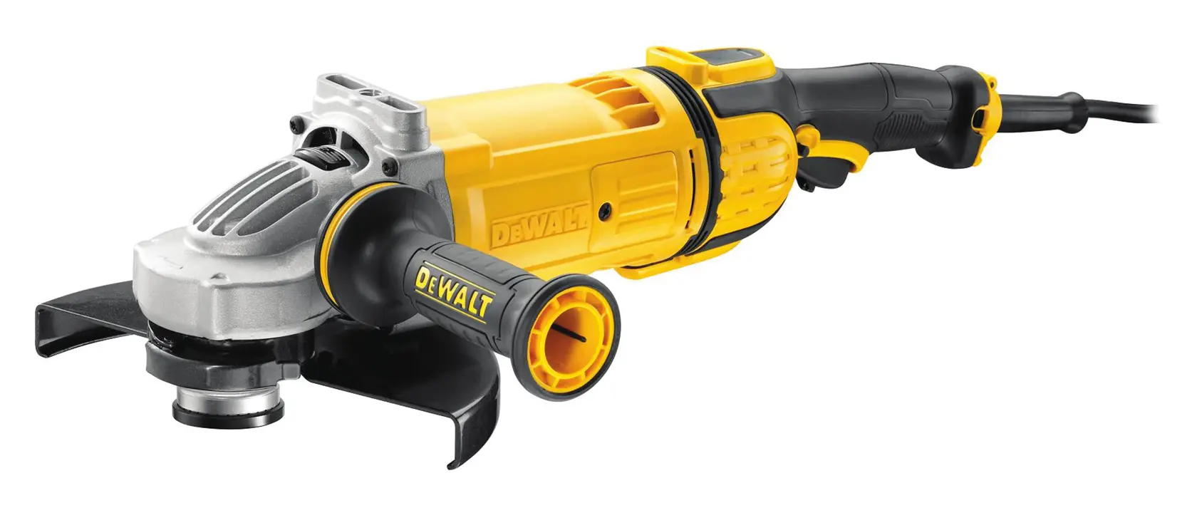 Photo of DEWALT angle grinder, yellow/black, SKUs DWE4579-HM, DWE4579-AR, DWE4579-B2, DWE4579-B2C, DWE4579-B3, DWE4579.