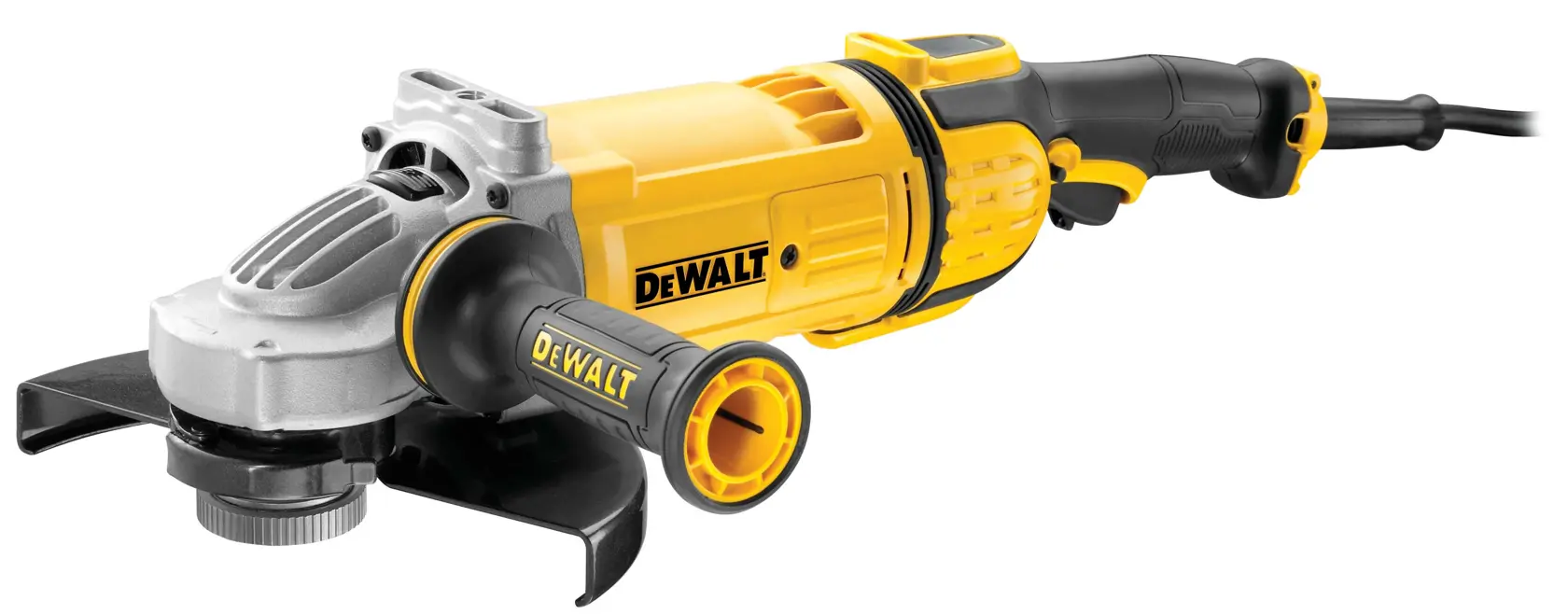 DEWALT angle grinder with side handle, yellow and black, SKUs DWE4579-HM, DWE4579-AR, DWE4579-B2, DWE4579-B2C, DWE4579-B3