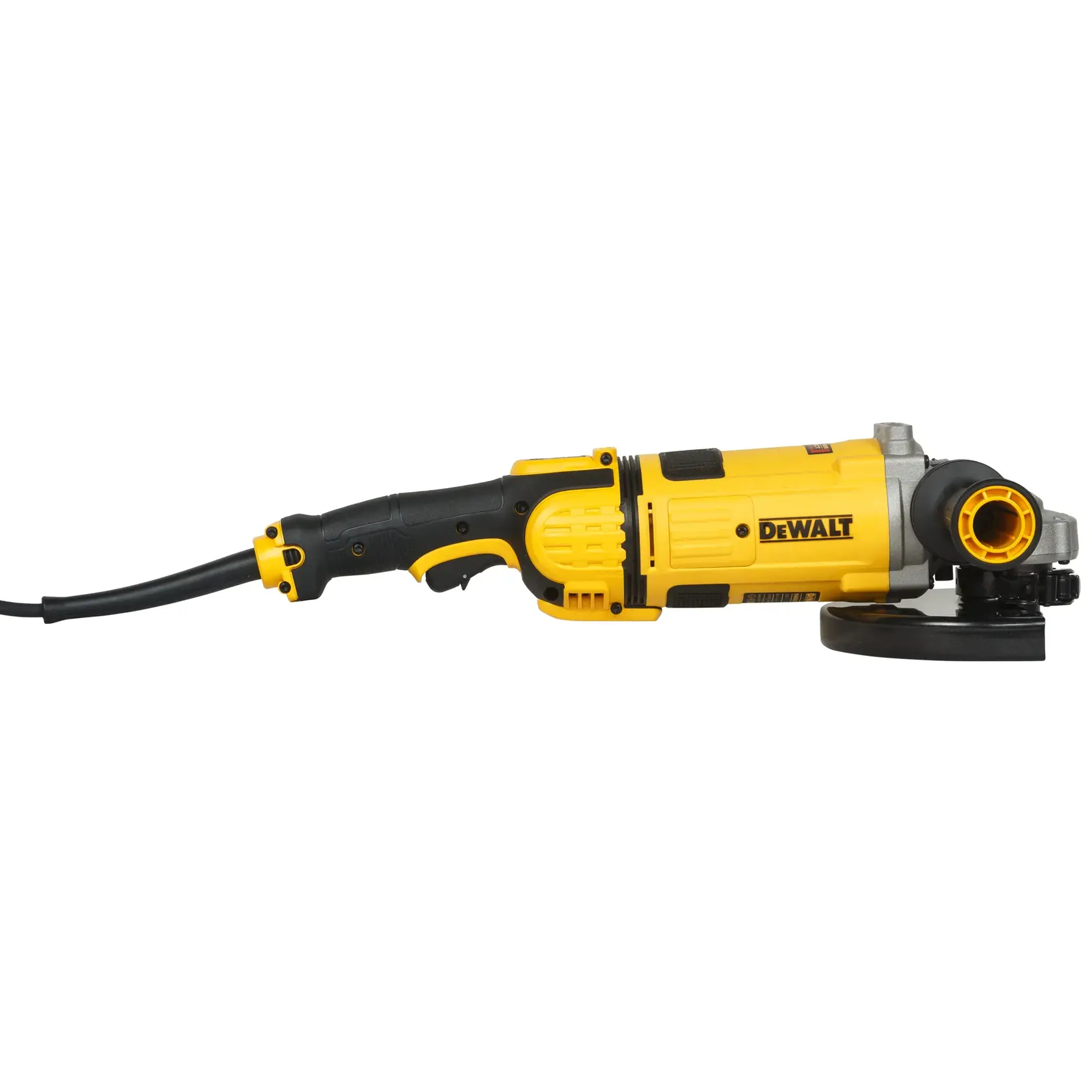 Photo of DEWALT grinder, yellow/black, side view. SKUs: DWE4579-HM, DWE4579-AR, DWE4579-B2, DWE4579-B2C, DWE4579-B3, DWE4579.