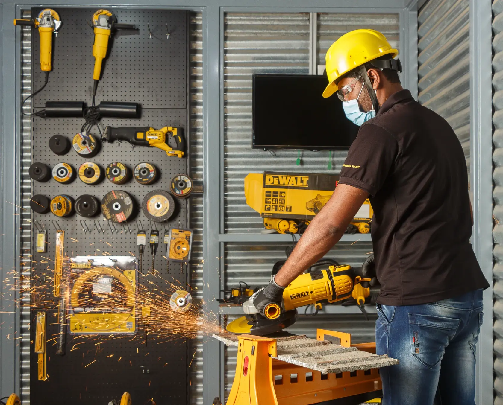 Photo of worker cutting metal with DEWALT DWE4579 angle grinder, sparks flying, workshop background.