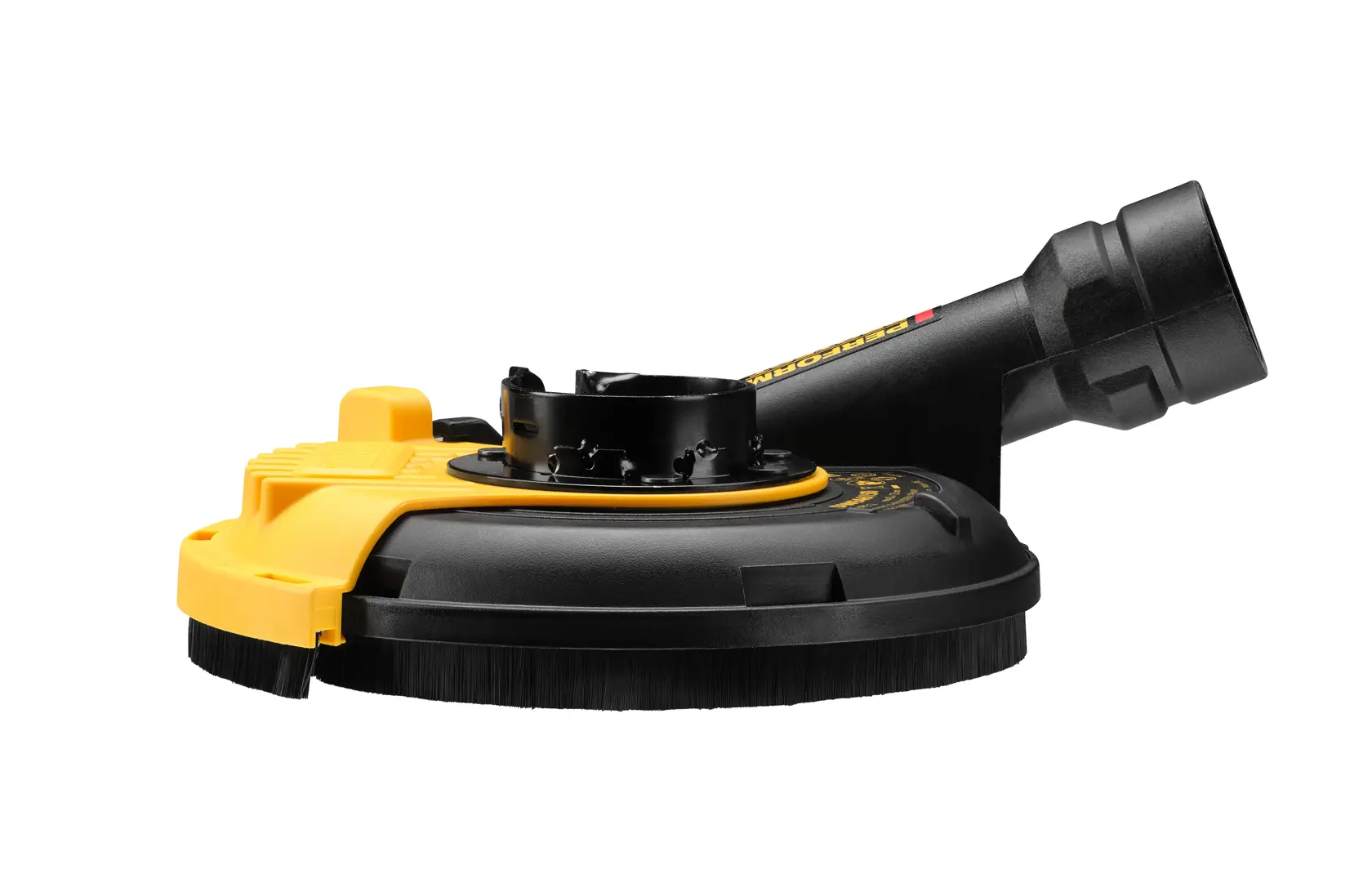 Close-up of gloved hands operating a yellow DEWALT power tool, grinding and smoothing a concrete surface.