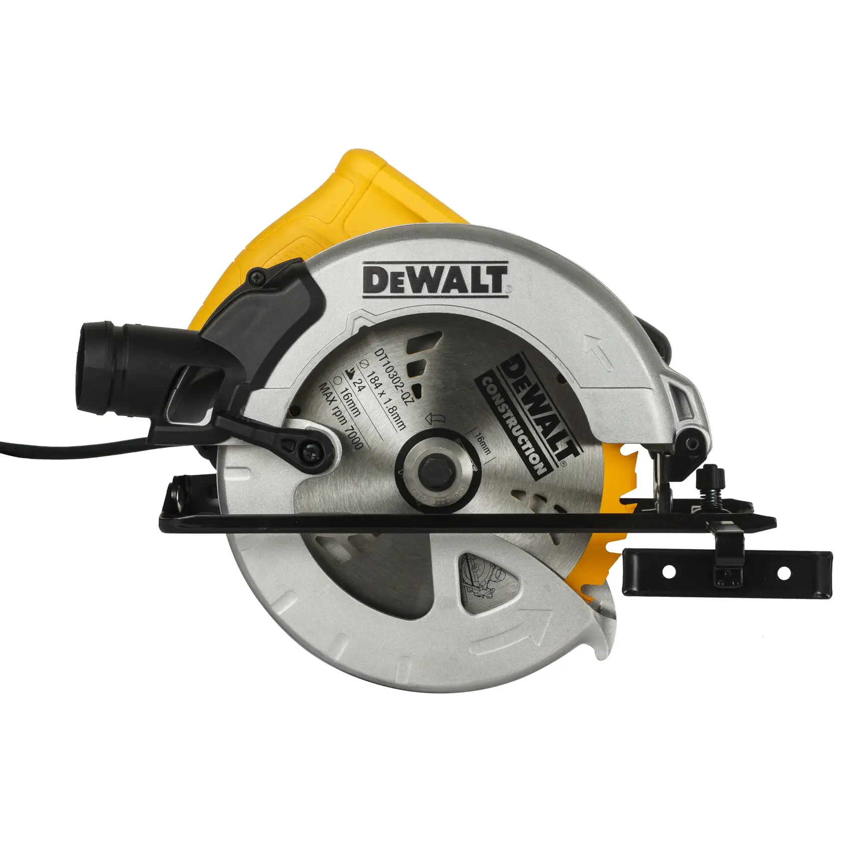 Photo of DEWALT circular saw, silver and yellow, SKUs DT10302-QZ, DT10302, side angle on white background.
