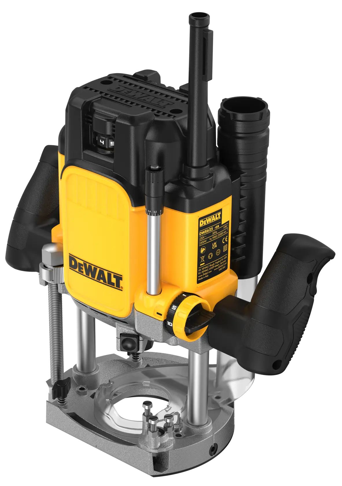 DEWALT plunge router with yellow and black body and dual handles for woodworking and precision tasks.