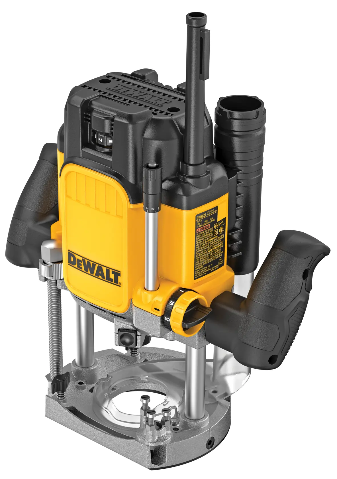Fresadora DEWALT fotografía, modelos DWE625-QS y DWE625. Amarilla, negra, asas, base metálica.
