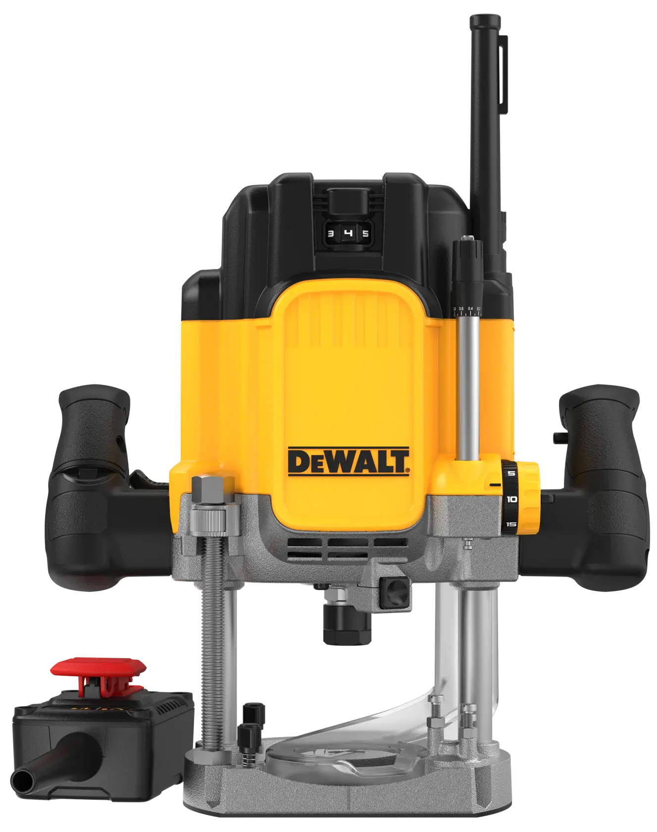 Fresadora DEWALT de inmersión con asas y base, mostrada con accesorio para trabajos en madera.