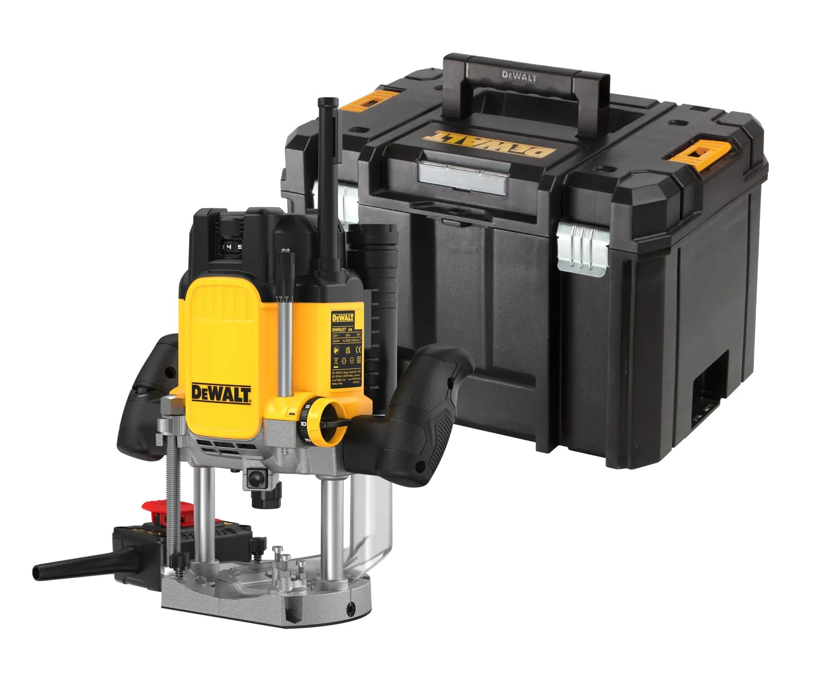 Herramienta fresadora DEWALT con dos asas y estuche negro, ideal para carpintería y fotografía.