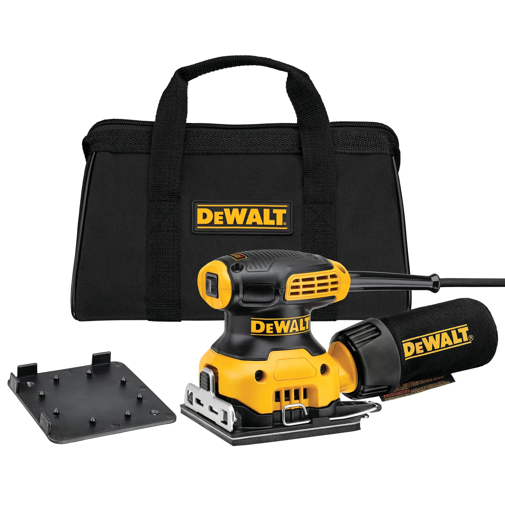 Kit de lijadora eléctrica DEWALT con una lijadora amarilla y negra, bolsa para polvo, almohadilla de lijado adicional y estuche de transporte negro con el logotipo de DEWALT.