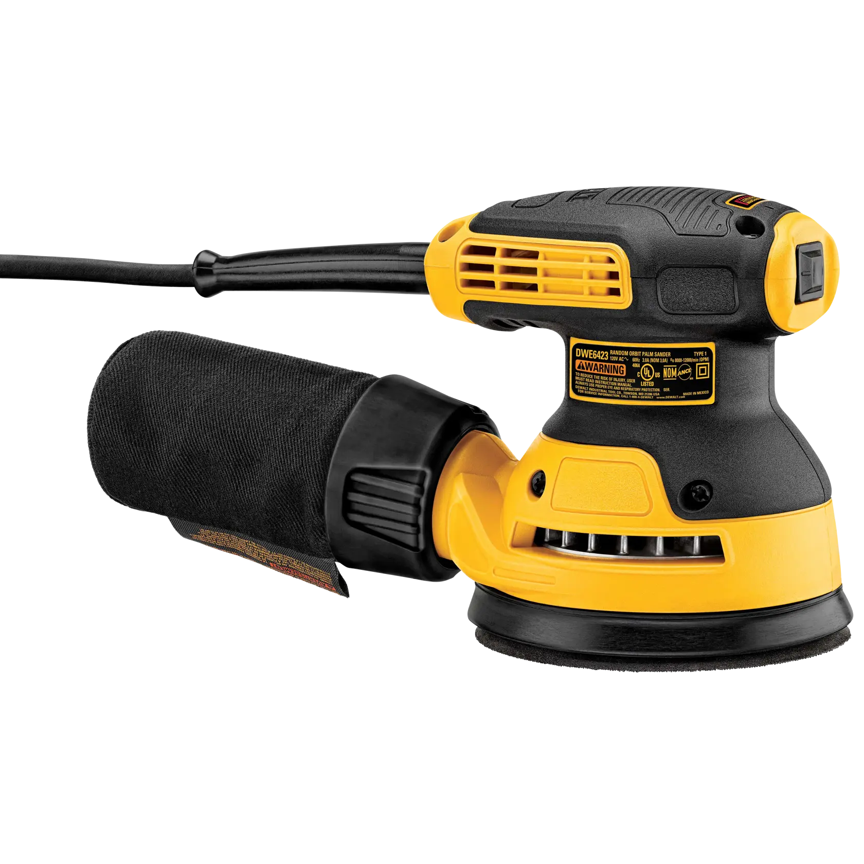 Una lijadora orbital aleatoria de velocidad variable DEWALT DWE6423, con un diseño amarillo y negro y una bolsa para polvo adjunta.
