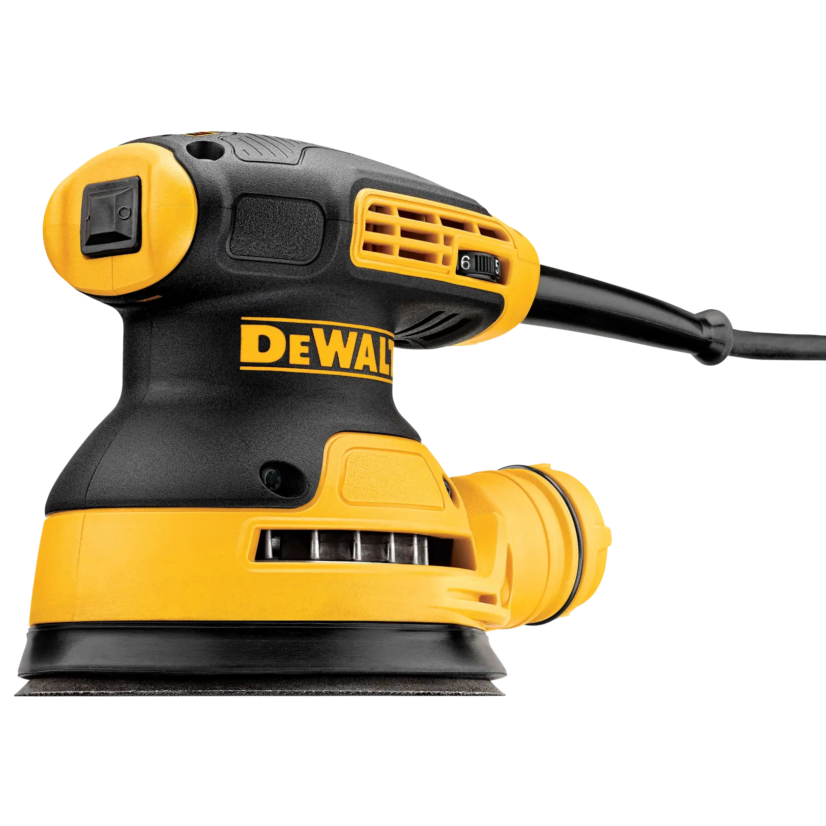 Una lijadora orbital DEWALT, modelo DWE6423, con cuerpo amarillo y negro, cable de alimentación y dial de ajuste de velocidad. La herramienta está diseñada para lijar superficies y se muestra sobre un fondo blanco.