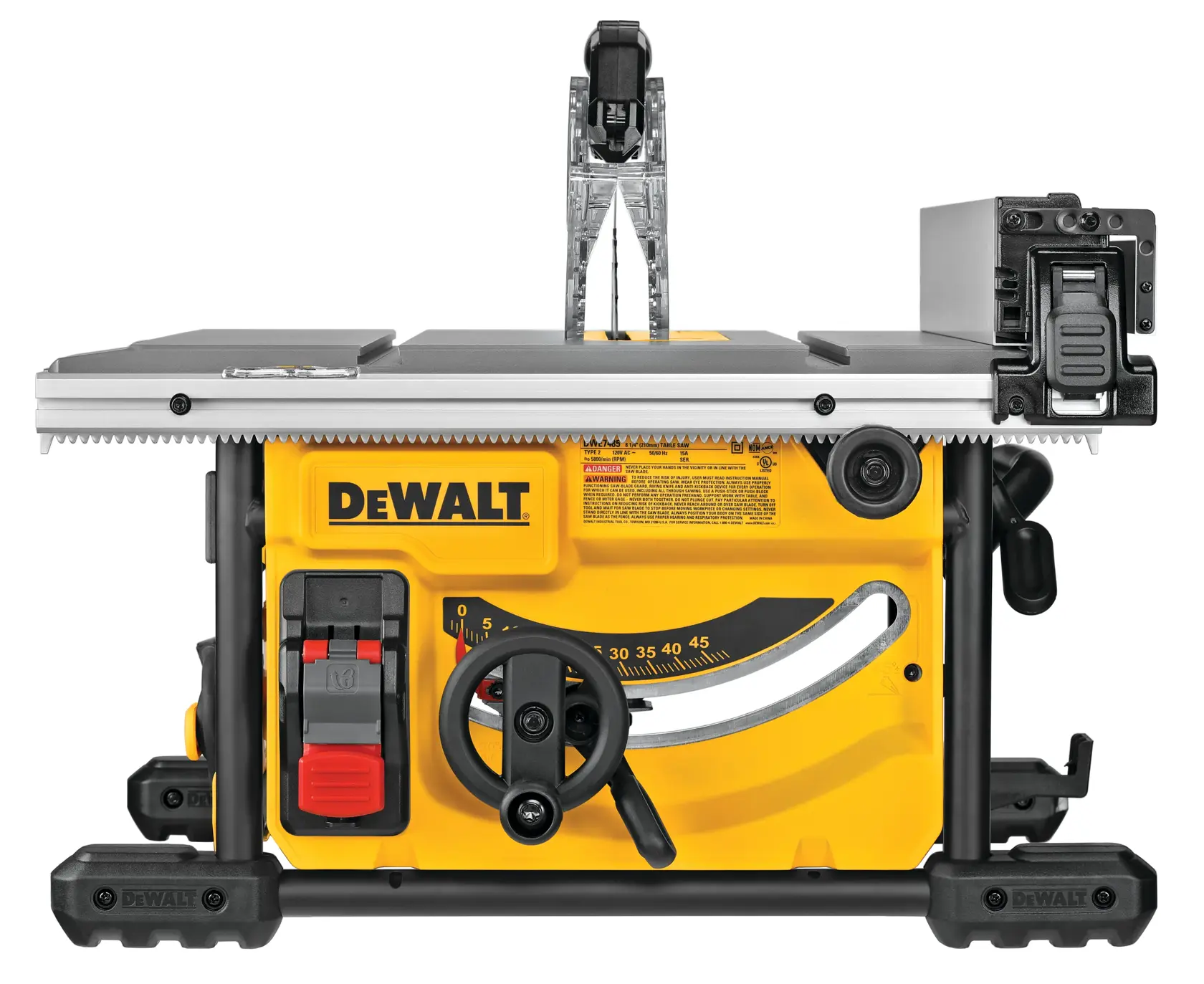 Vista frontal de una sierra de mesa DEWALT, modelo DWE7485WS, con base amarilla, perillas de ajuste, interruptor de encendido/apagado y superficie de corte plateada con protector. El logotipo de la marca es visible en la parte frontal.