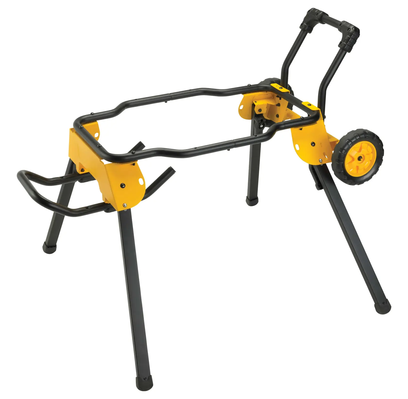 Front view of a DEWALT portable rolling stand for a table saw, featuring a yellow frame, black folding legs, and two large wheels for easy mobility.