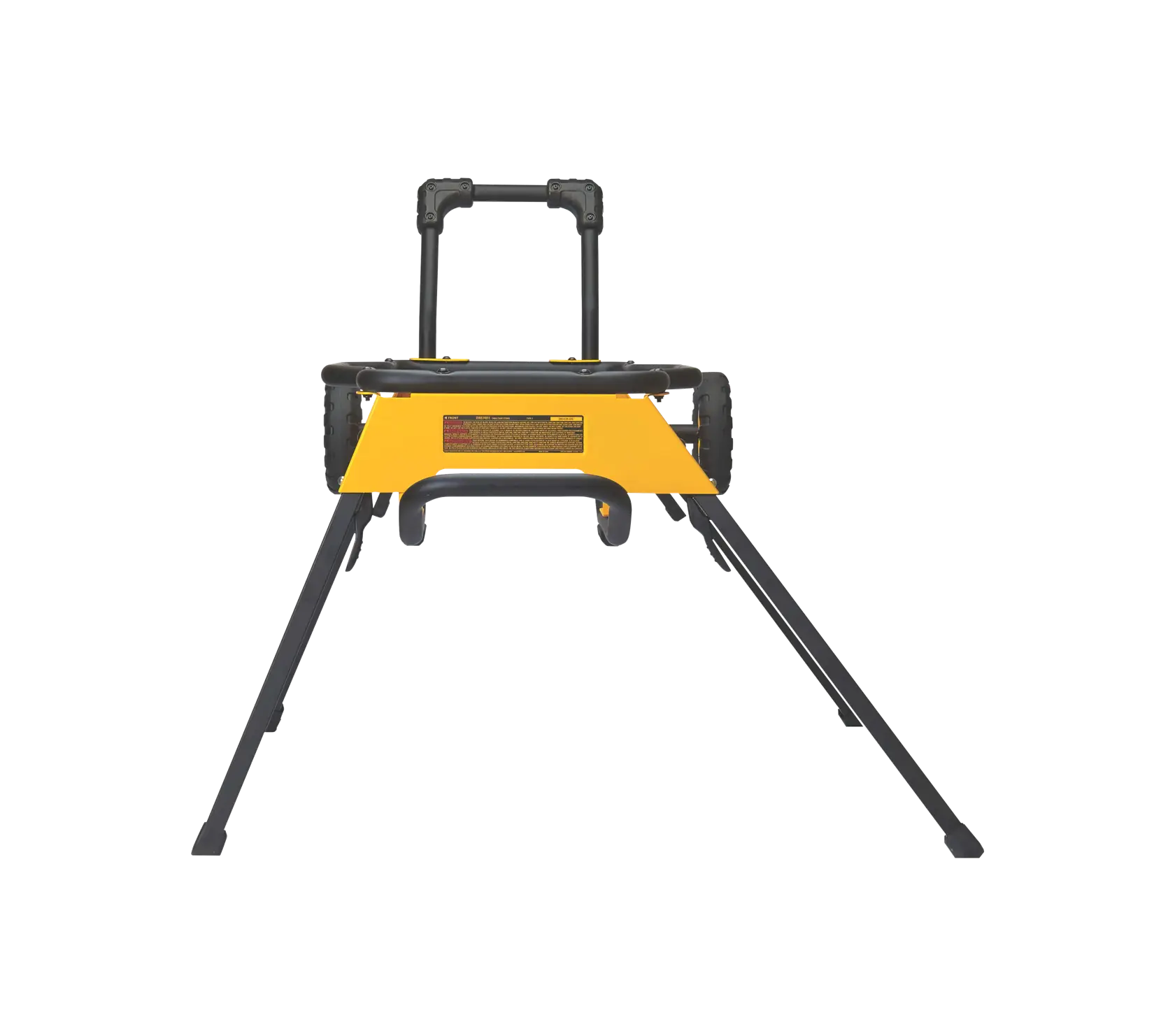 Front view of a DEWALT portable rolling stand for a table saw, featuring a yellow frame, black folding legs, and two large wheels for easy mobility.