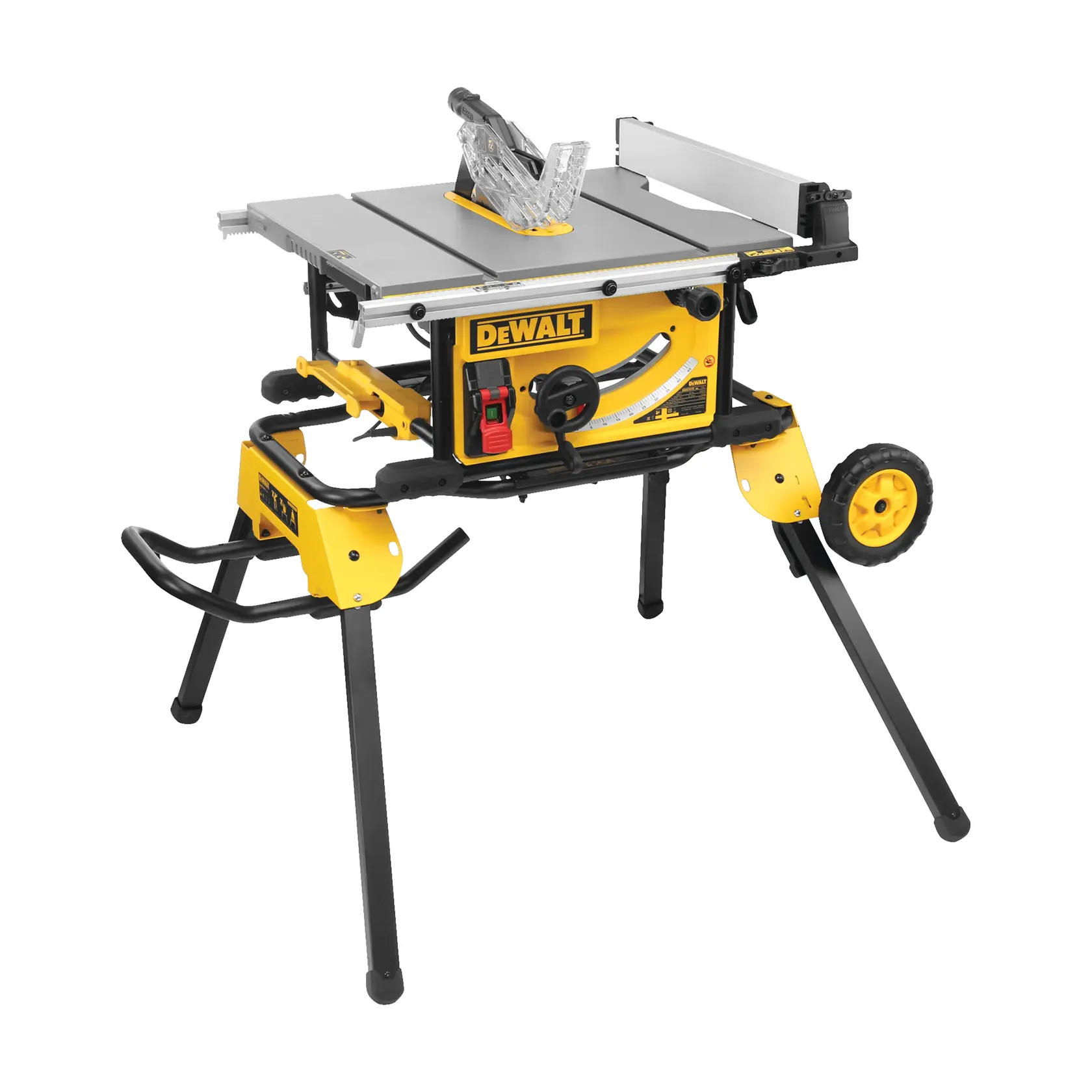 Sierra de mesa portátil DEWALT con carcasa amarilla y negra, sobre cuatro patas con ruedas para facilitar el movimiento. La sierra tiene una superficie de trabajo plateada, protector de hoja y guía ajustable.