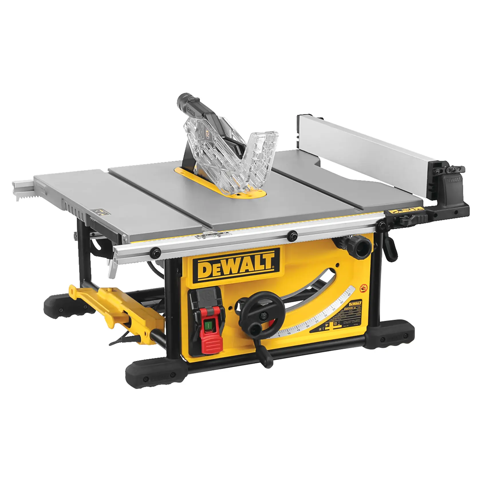 Sierra de mesa DEWALT con cuerpo amarillo y negro, superficie de trabajo plana grande, protector de hoja transparente, guía ajustable y dial de control en la parte frontal.