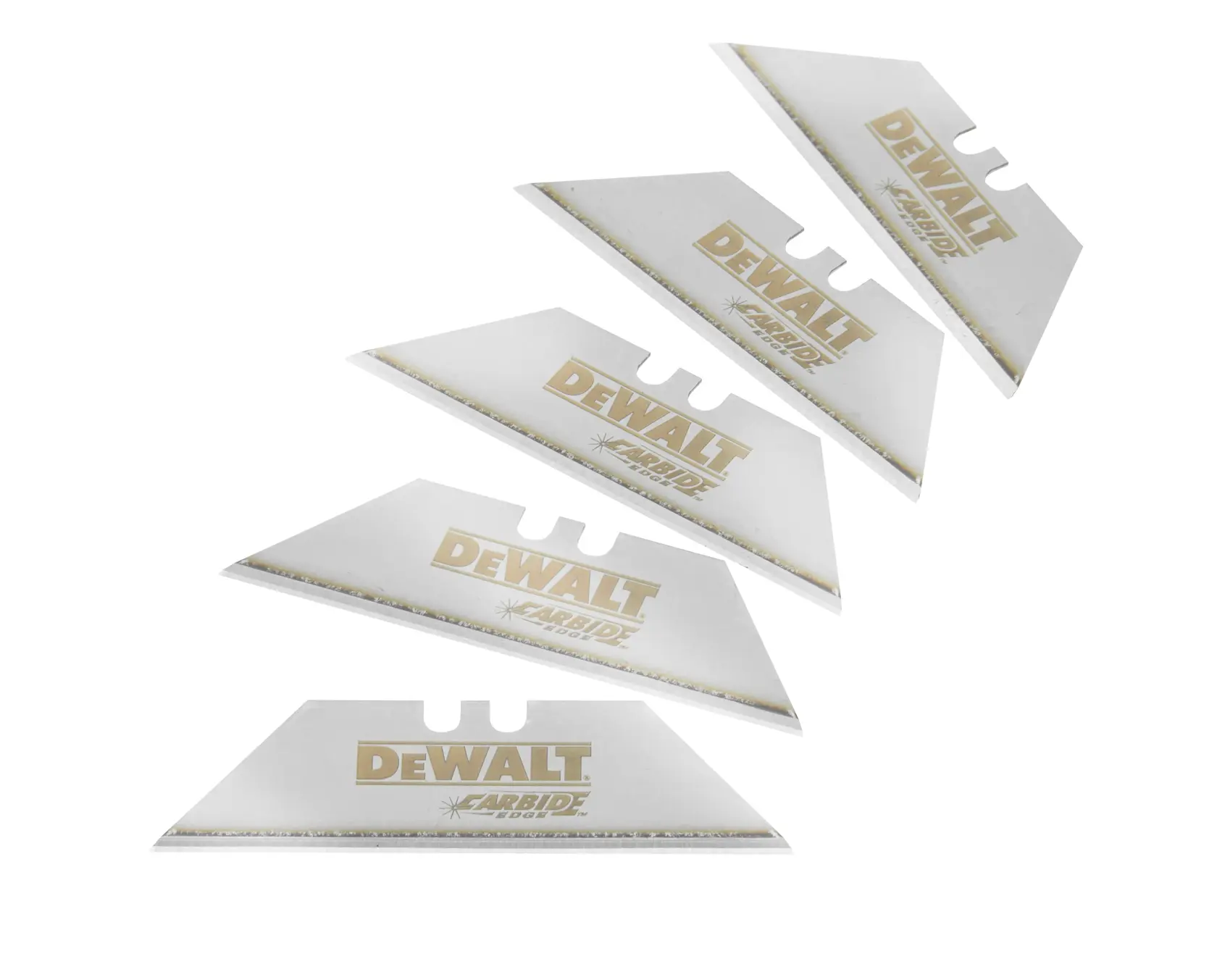 Five DEWALT carbide utility blades arranged diagonally on a white background.