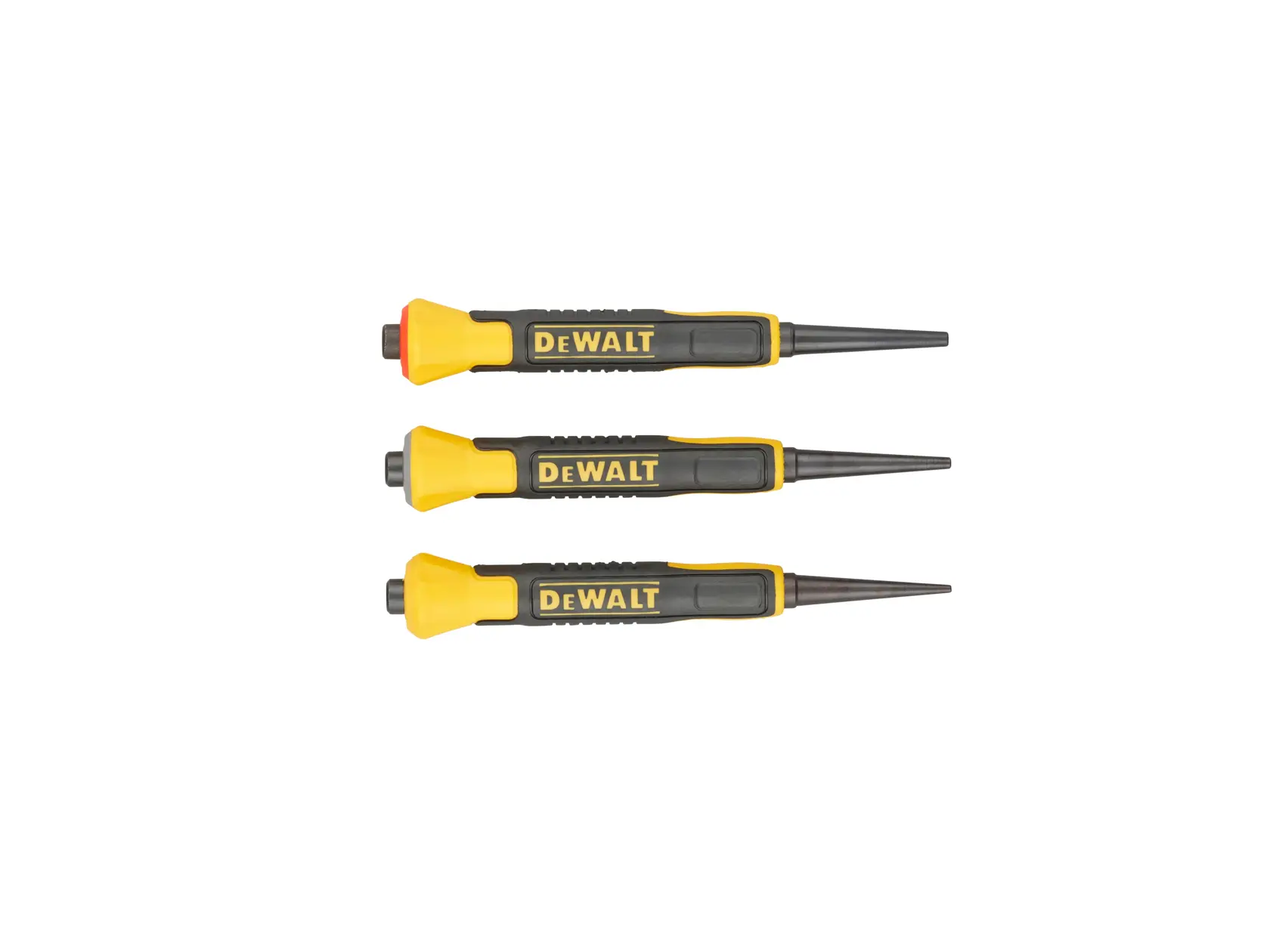 Three DEWALT nail punch tools with yellow and black handles, arranged side by side on a white background.