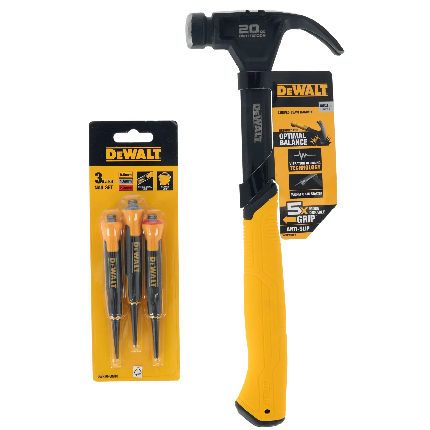 DEWALT hammer and 3-piece nail set in yellow and black packaging, tools for carpentry and home improvement.