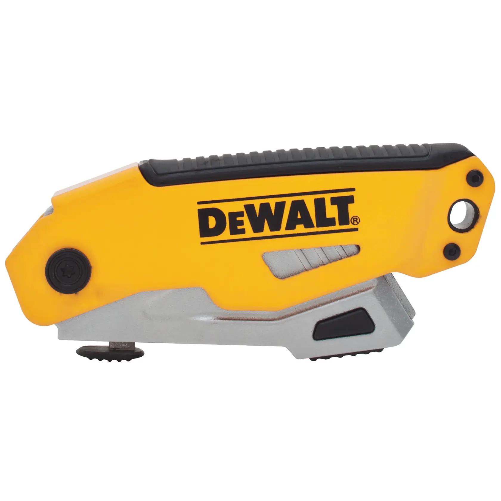 A DEWALT utility knife with a yellow and black handle, featuring a compact and sturdy design.