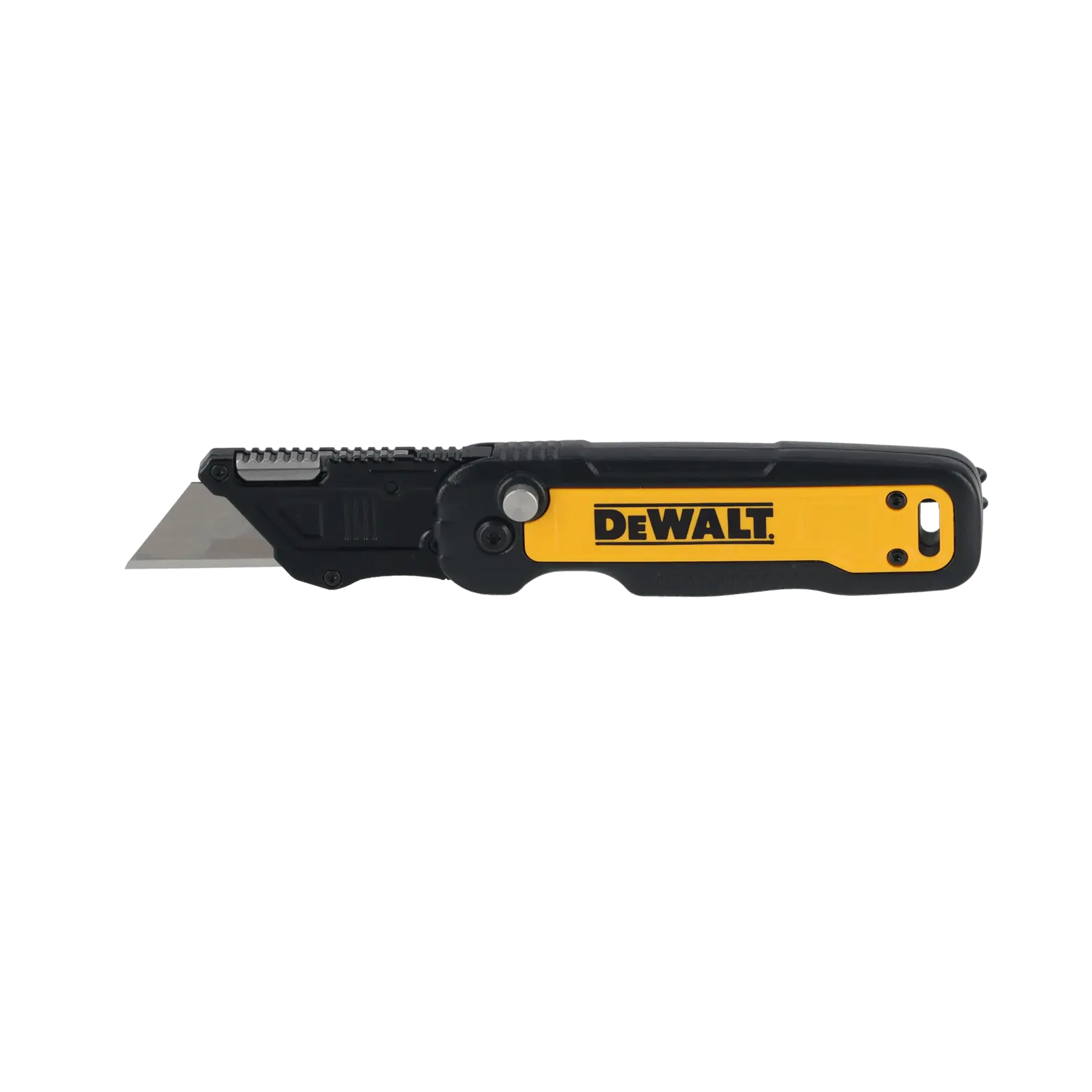 Cúter plegable DEWALT con mango amarillo y negro y hoja visible, mostrado de lado.