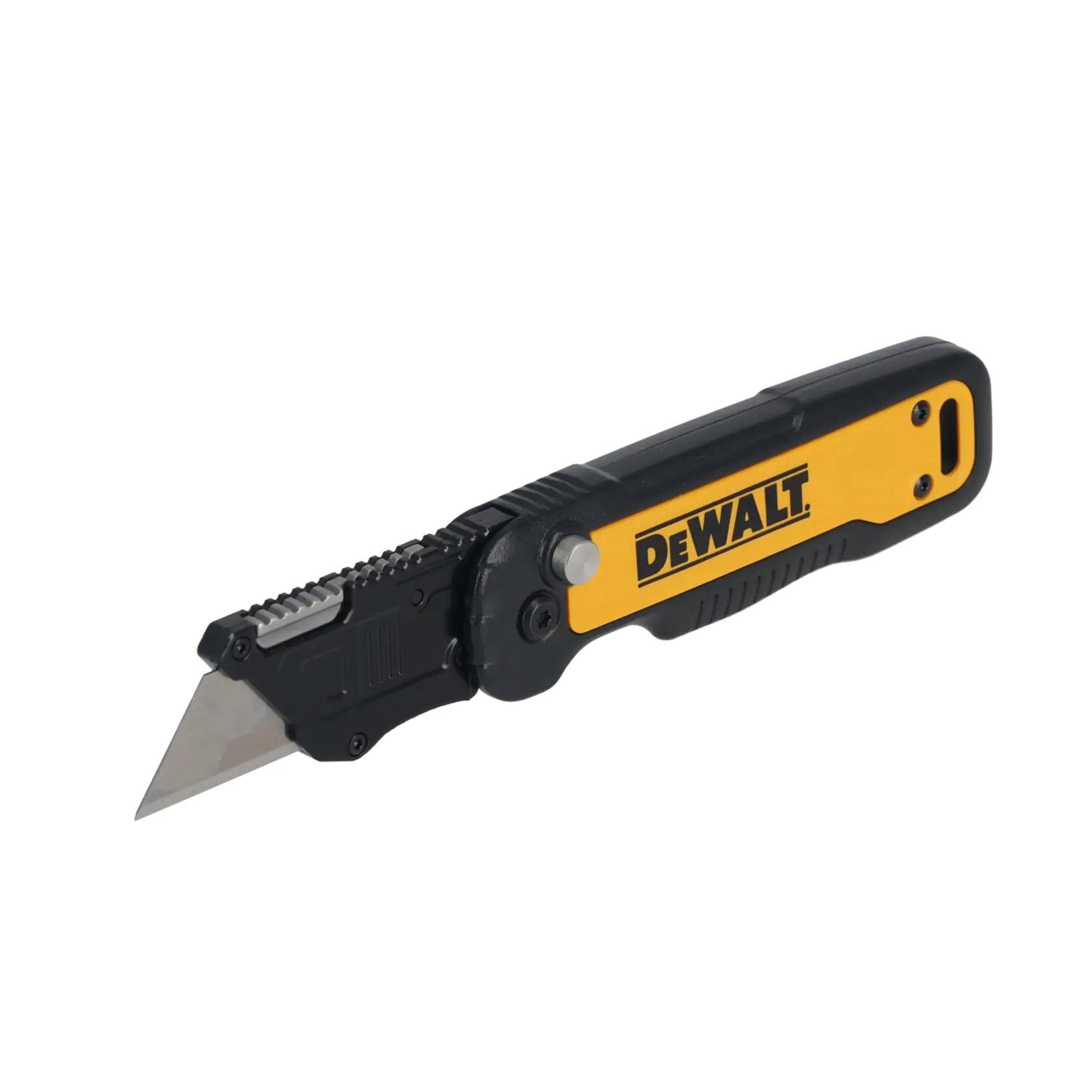 Cuchillo plegable DEWALT con mango negro y amarillo, hoja inclinada, ideal para cortar.