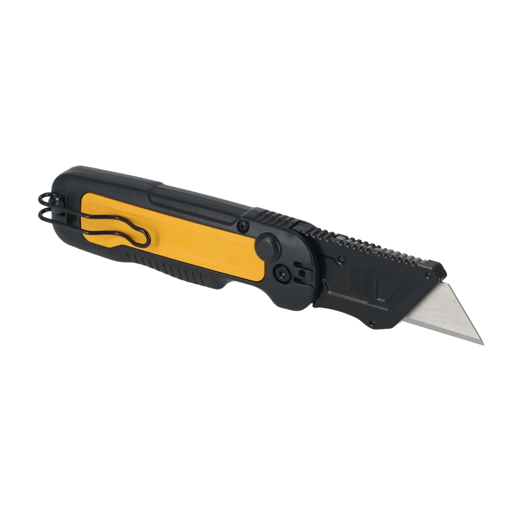 Cúter plegable DEWALT con mango amarillo y negro y hoja visible, vista lateral.