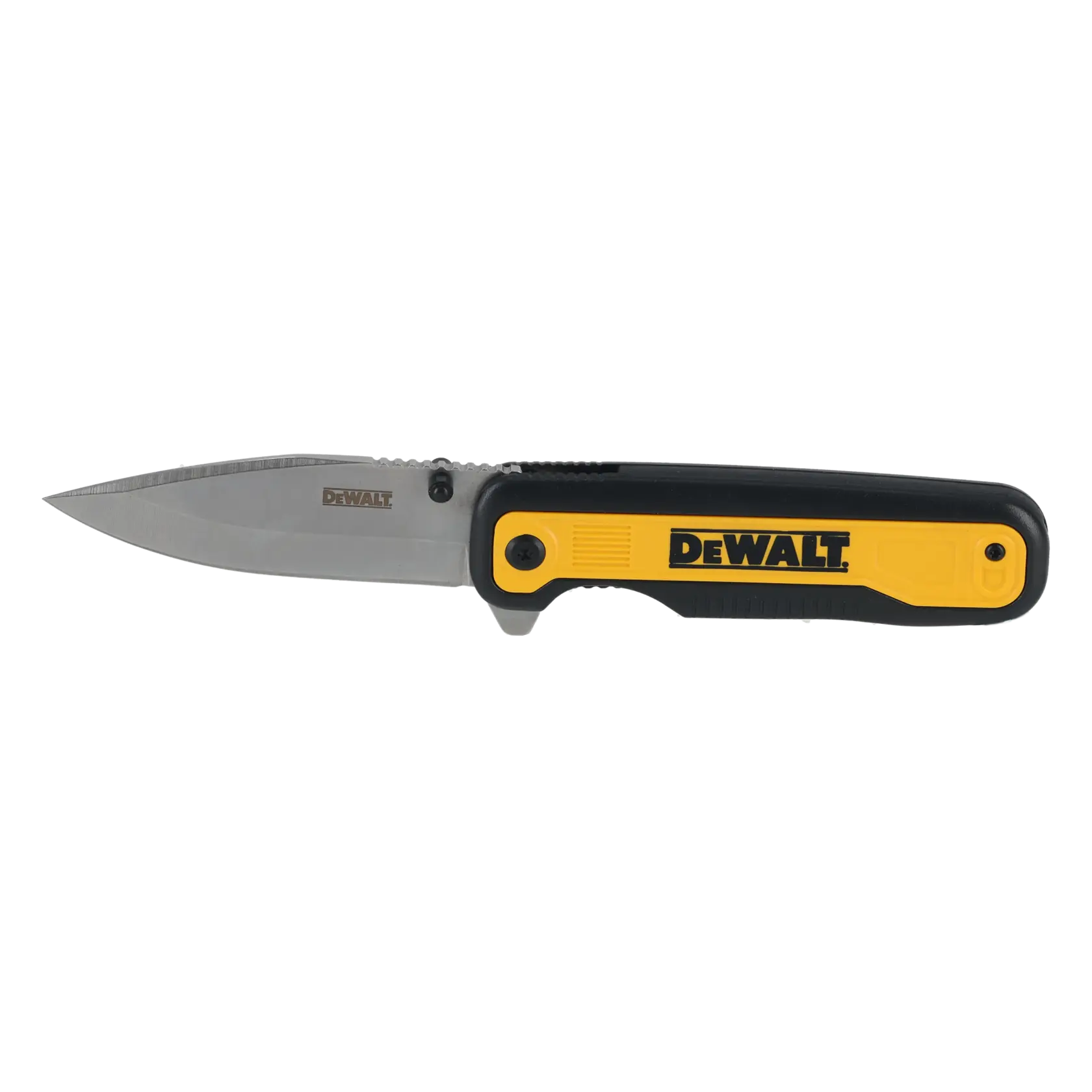 Cuchillo plegable DEWALT con mango negro y amarillo y hoja plateada, sobre fondo blanco.