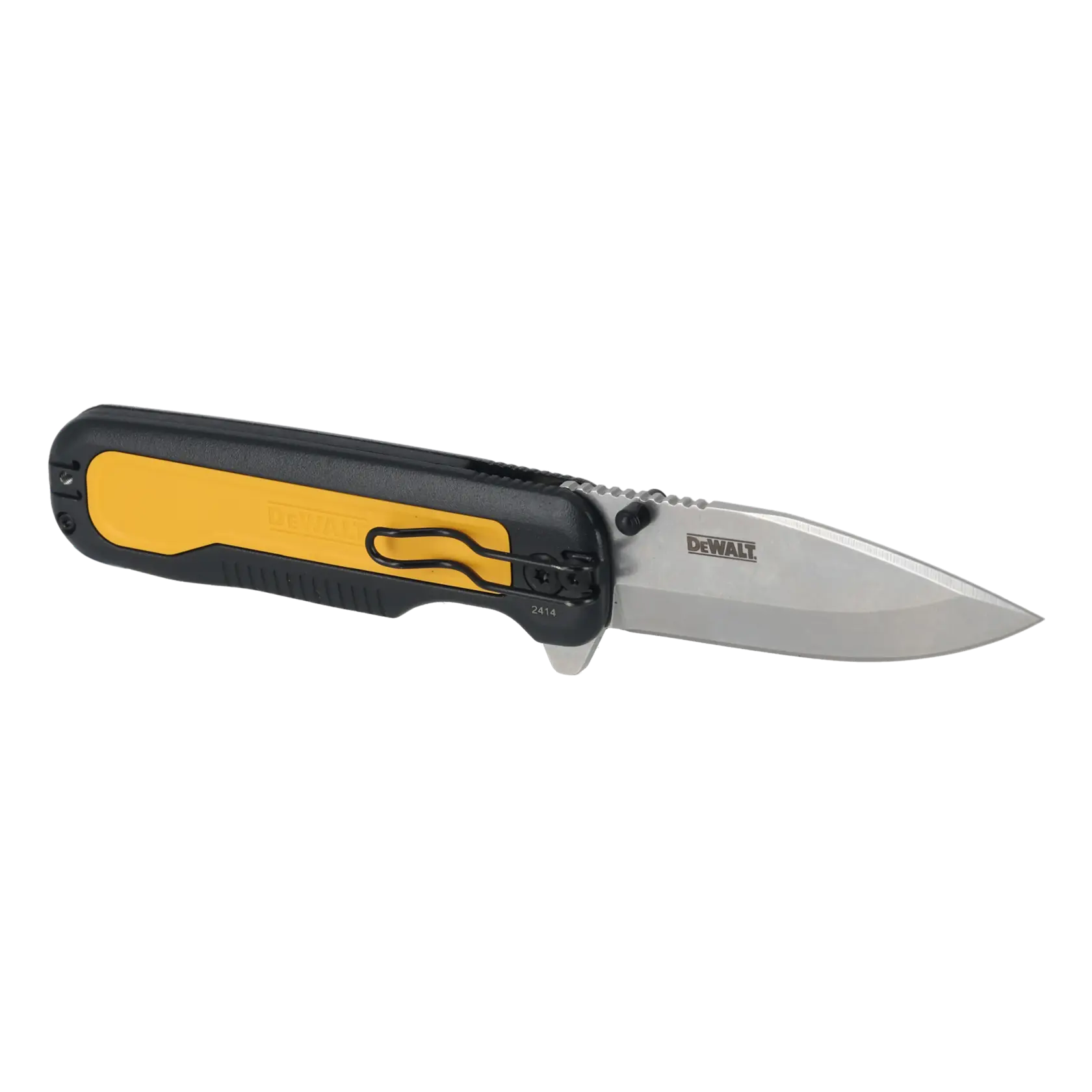 Navaja plegable DEWALT con mango negro y amarillo, hoja de acero inoxidable y clip para cinturón.