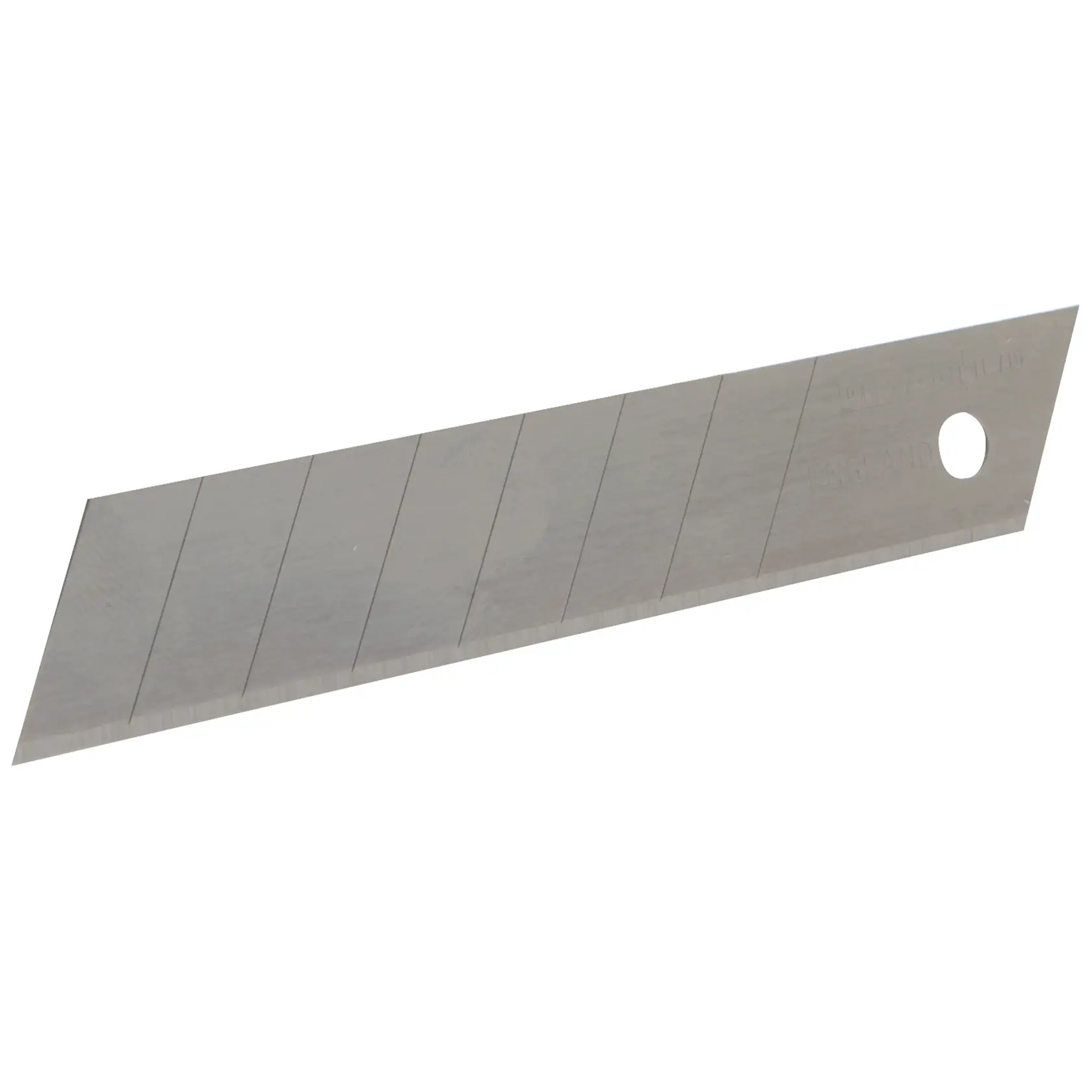 A single segmented snap-off utility knife blade with a hole at one end, used for cutting and trimming tasks.