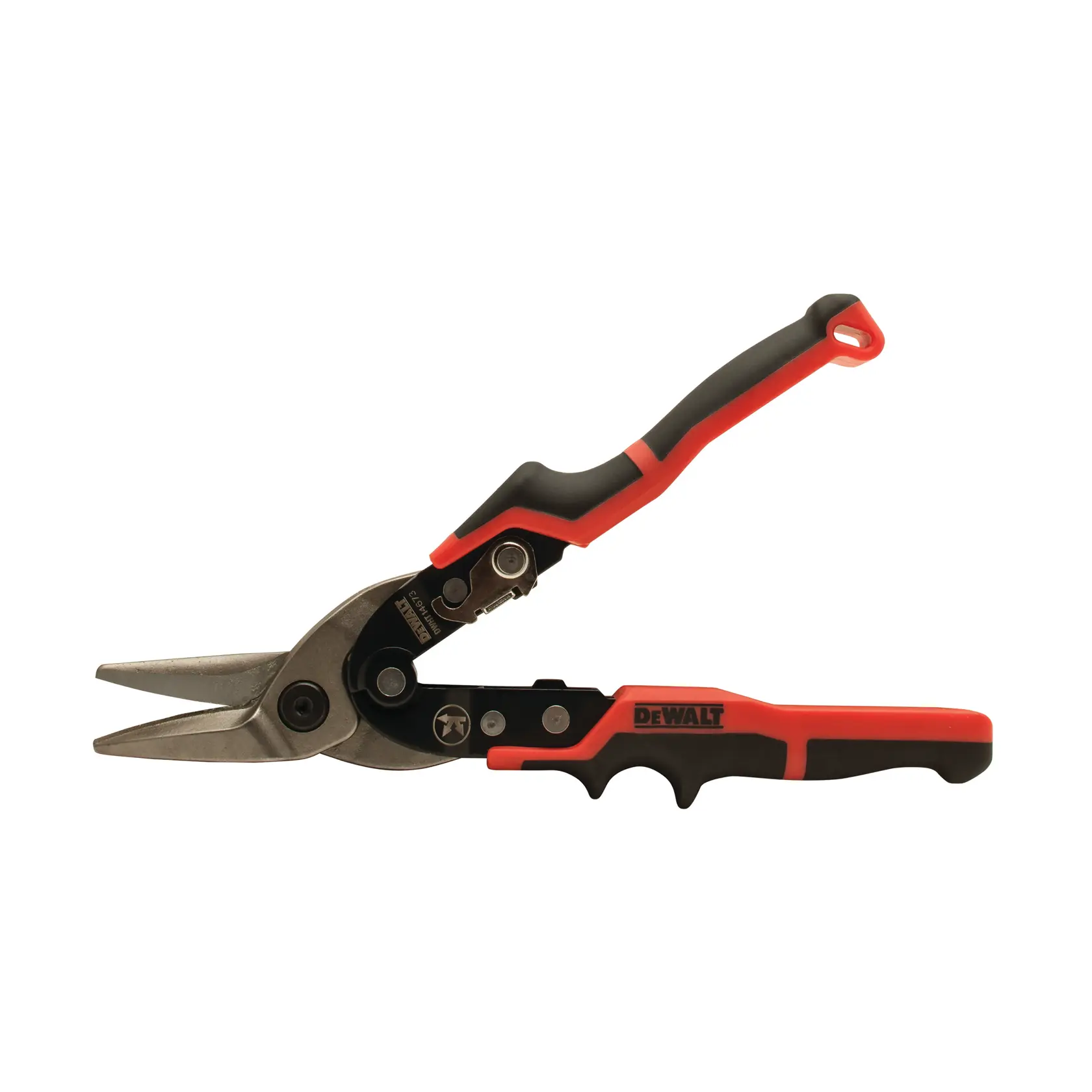 DEWALT metal cutting aviation snips with ergonomic black and red handles and angled cutting blades, shown on a white background.