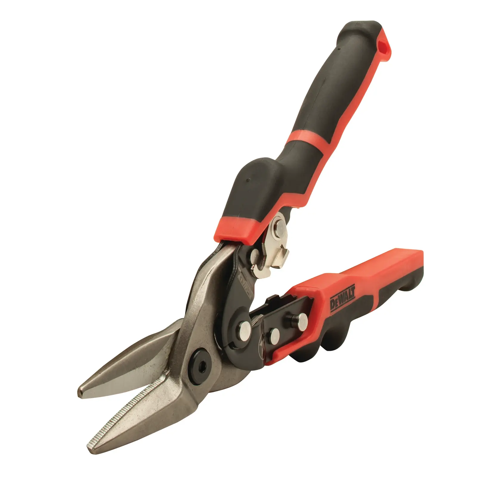 Cisailles à tôle d'aviation DEWALT avec poignées ergonomiques noires et rouges et lames de coupe inclinées, présentées sur fond blanc.
