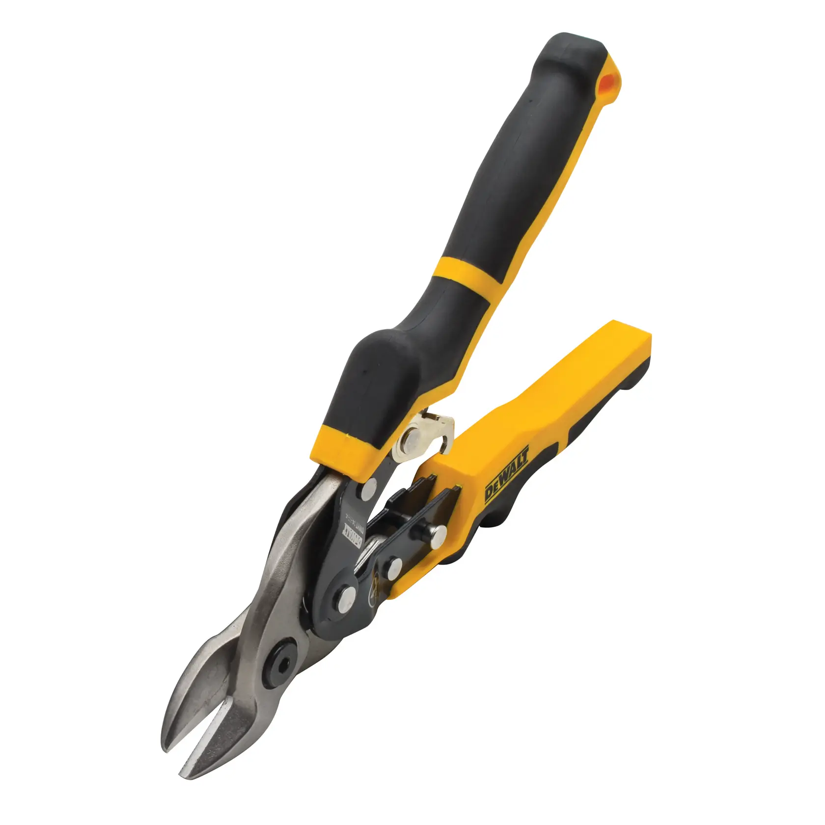DEWALT aviation snips with black and yellow handles, angled for cutting sheet metal.