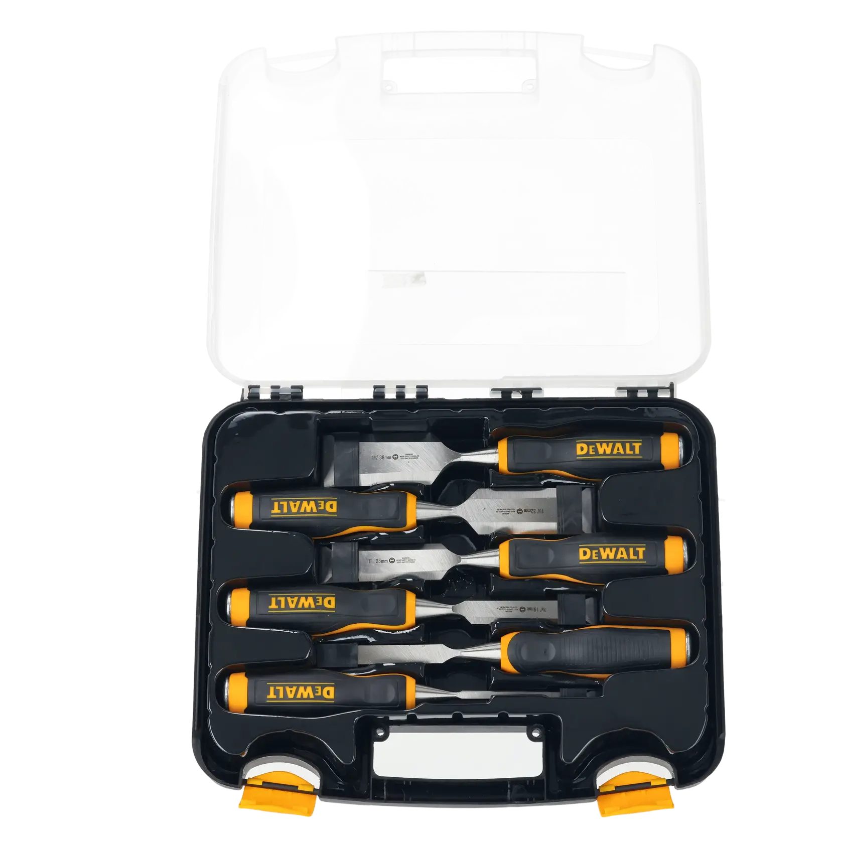 DEWALT chisel set with six tools in a black and yellow carrying case with a clear lid.